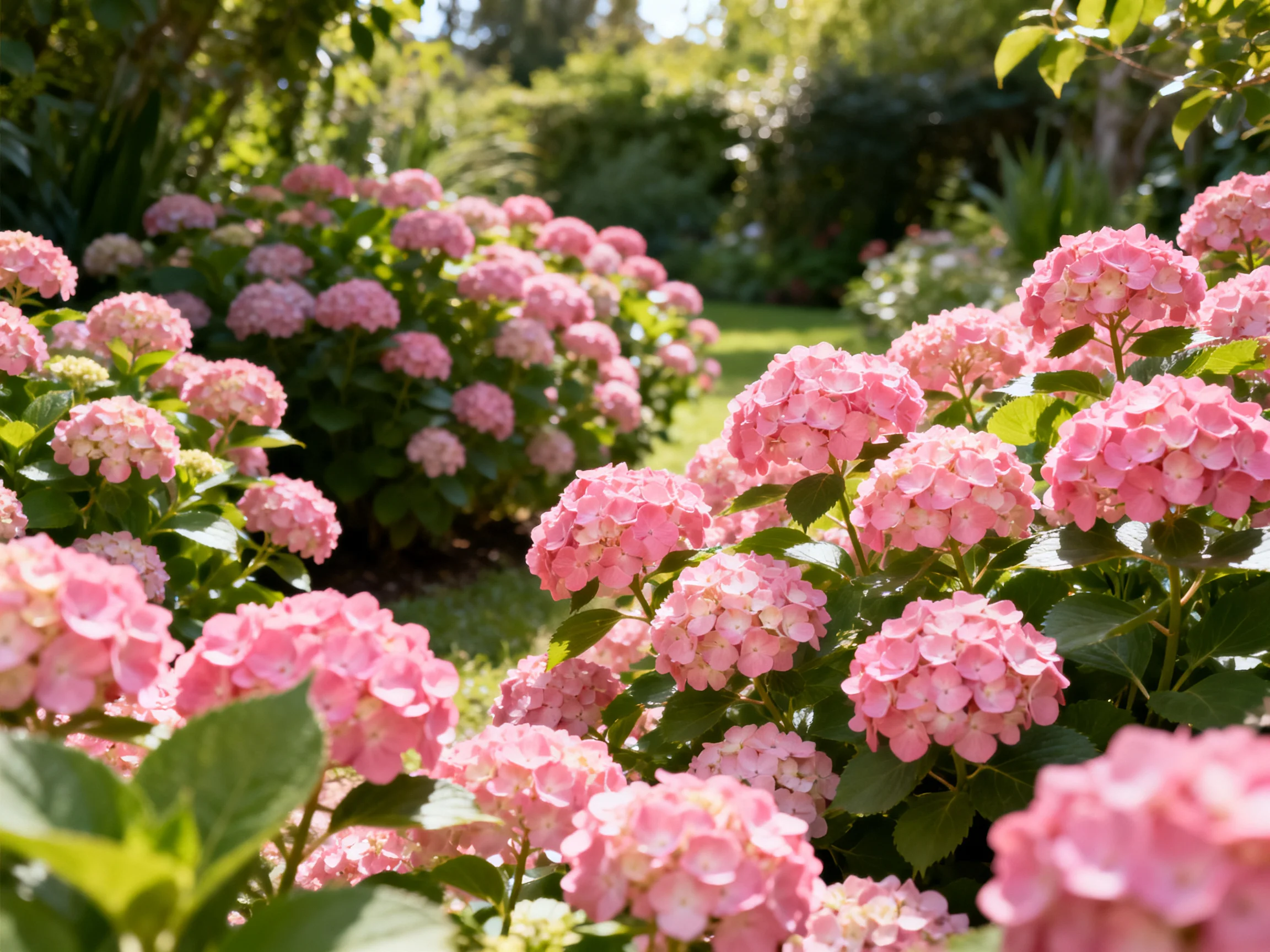 Vibrant pink hydrangea bushes fill a sunlit garden