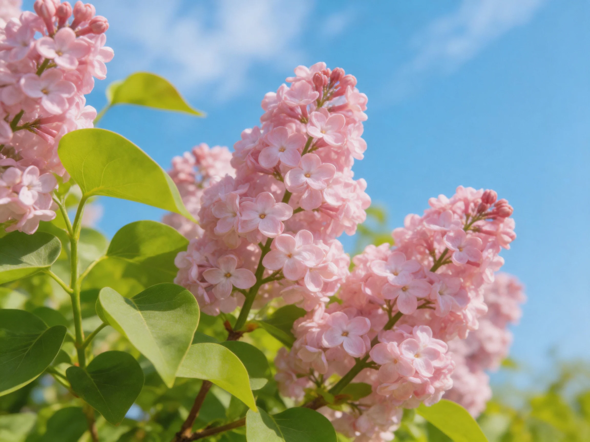 Vibrant pink lilac blooms with lush green foliage beneath a clear blue sky