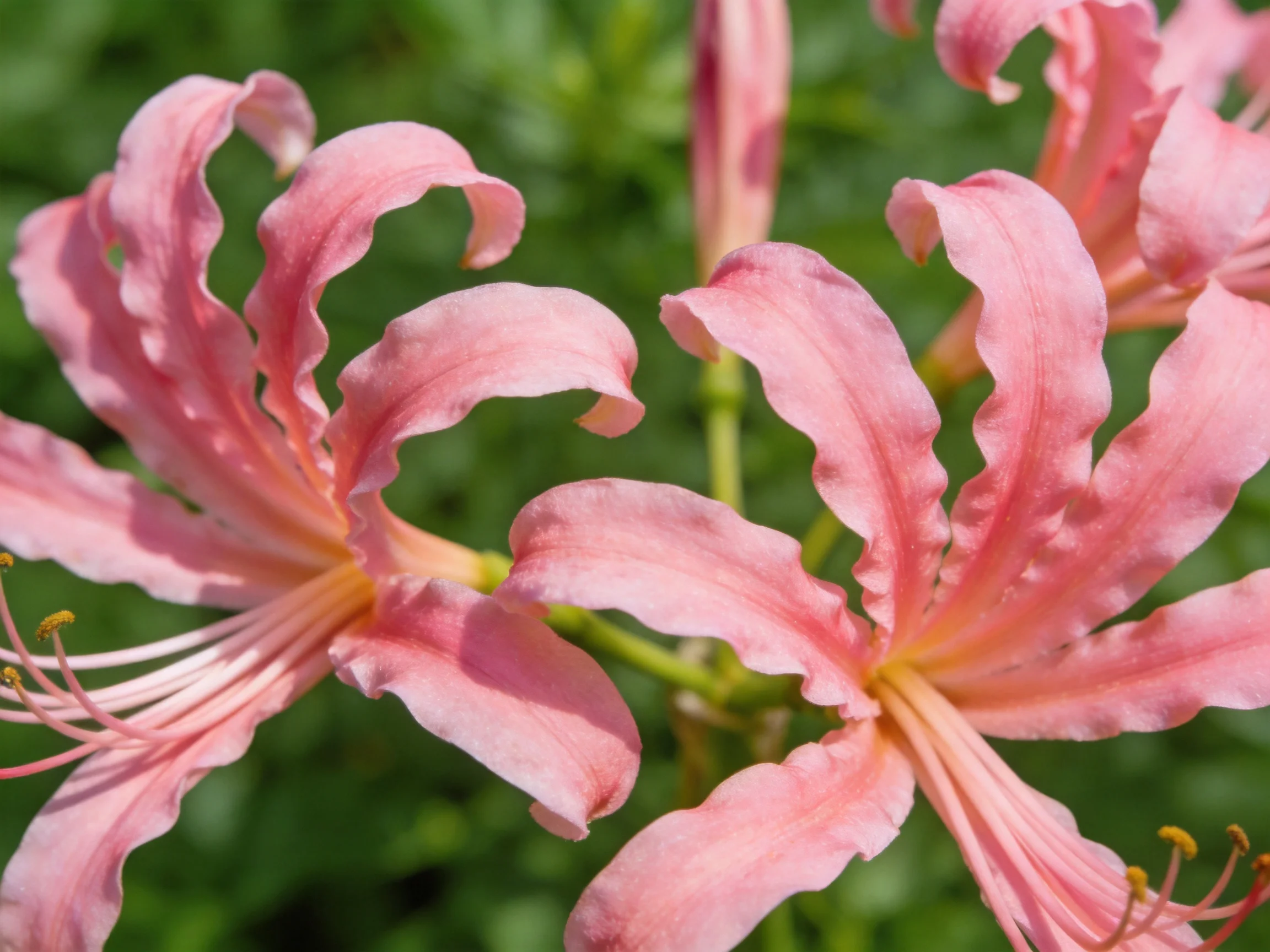 Vibrant pink lilies with curled petals bloom among green foliage