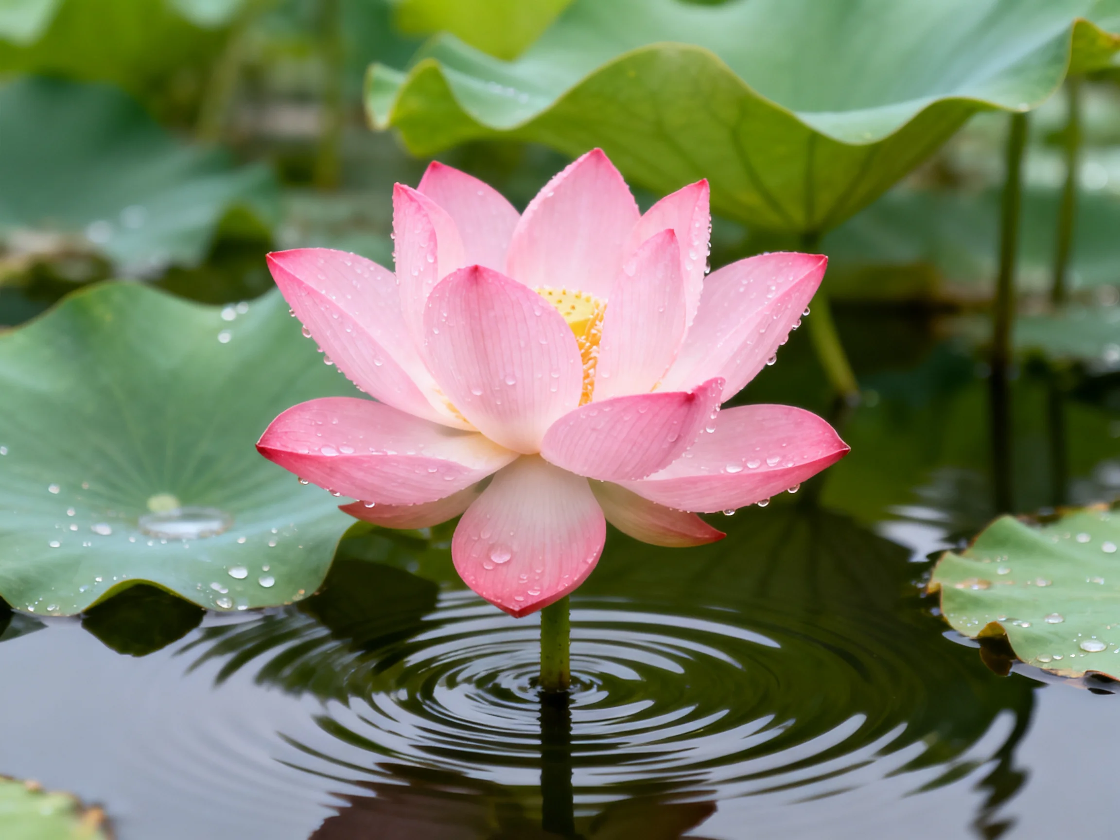 Vibrant pink lotus blooms among large green water lily pads