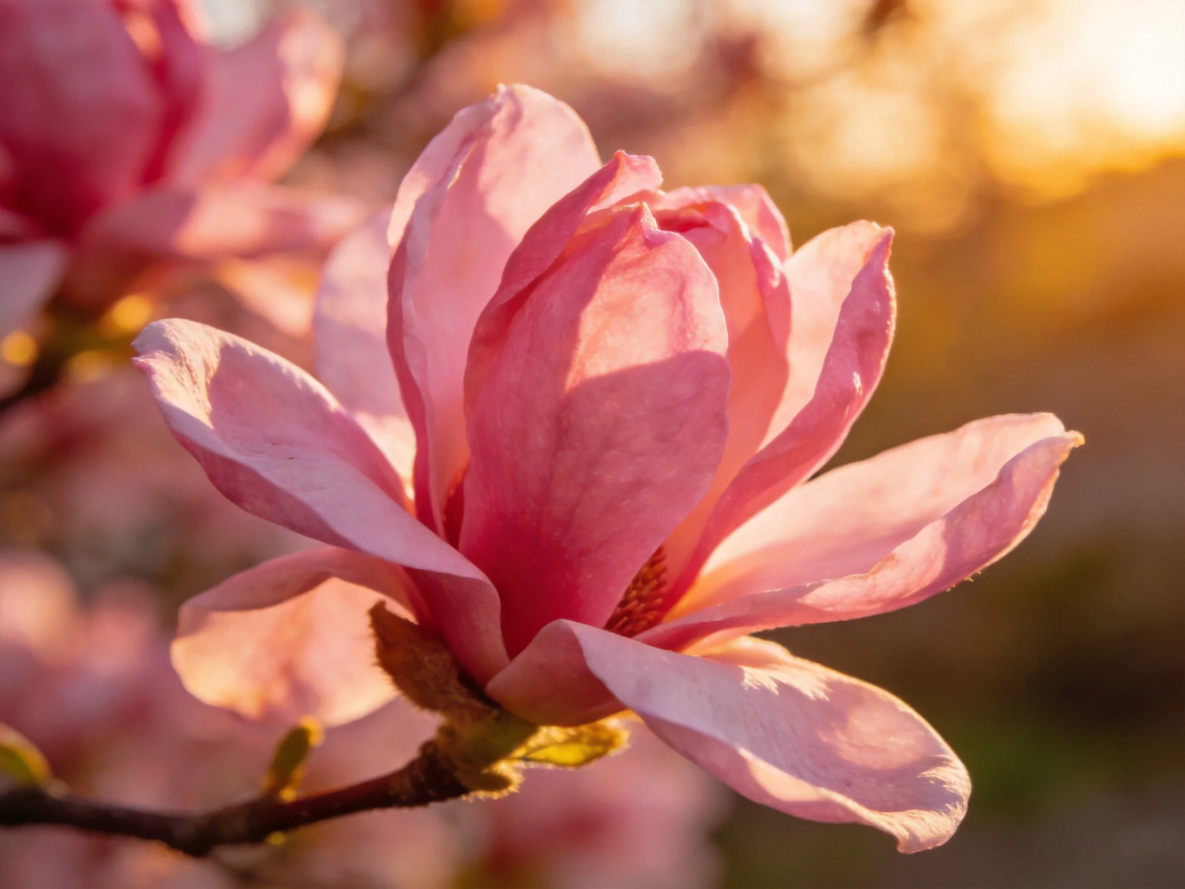 Vibrant pink magnolia blooms illuminated by warm sunlight