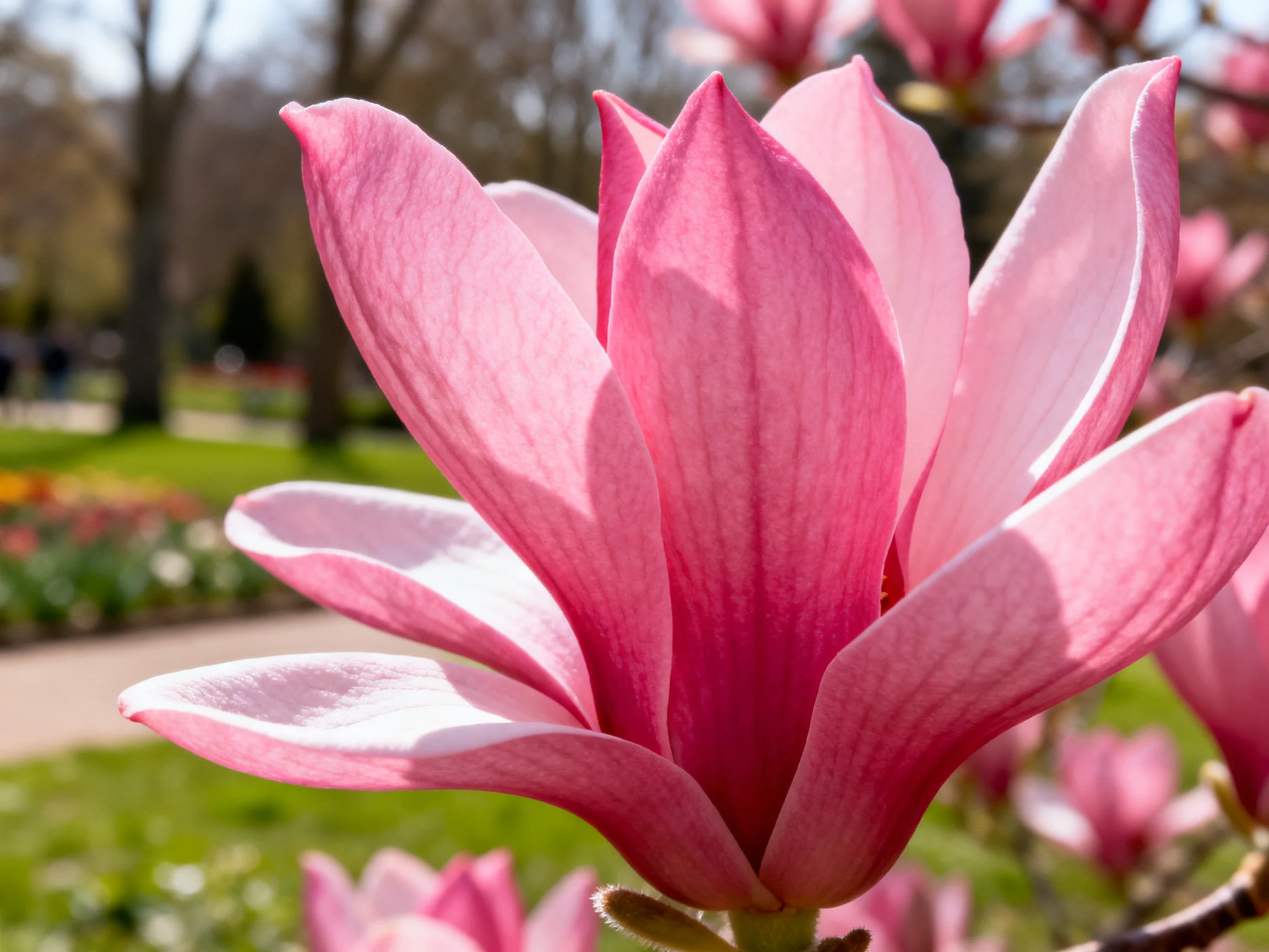 Vibrant pink magnolia blooms in a sunlit garden