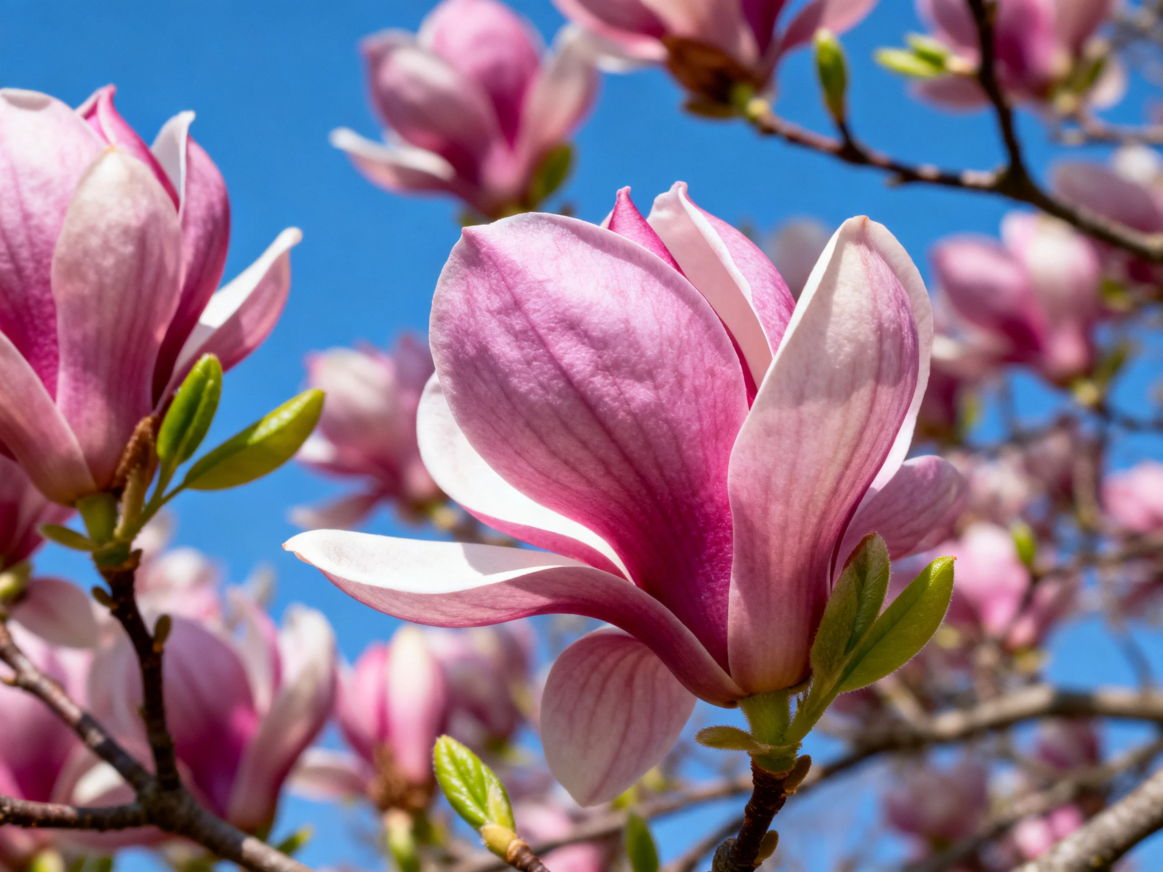 Vibrant pink magnolias bloom against a clear blue sky