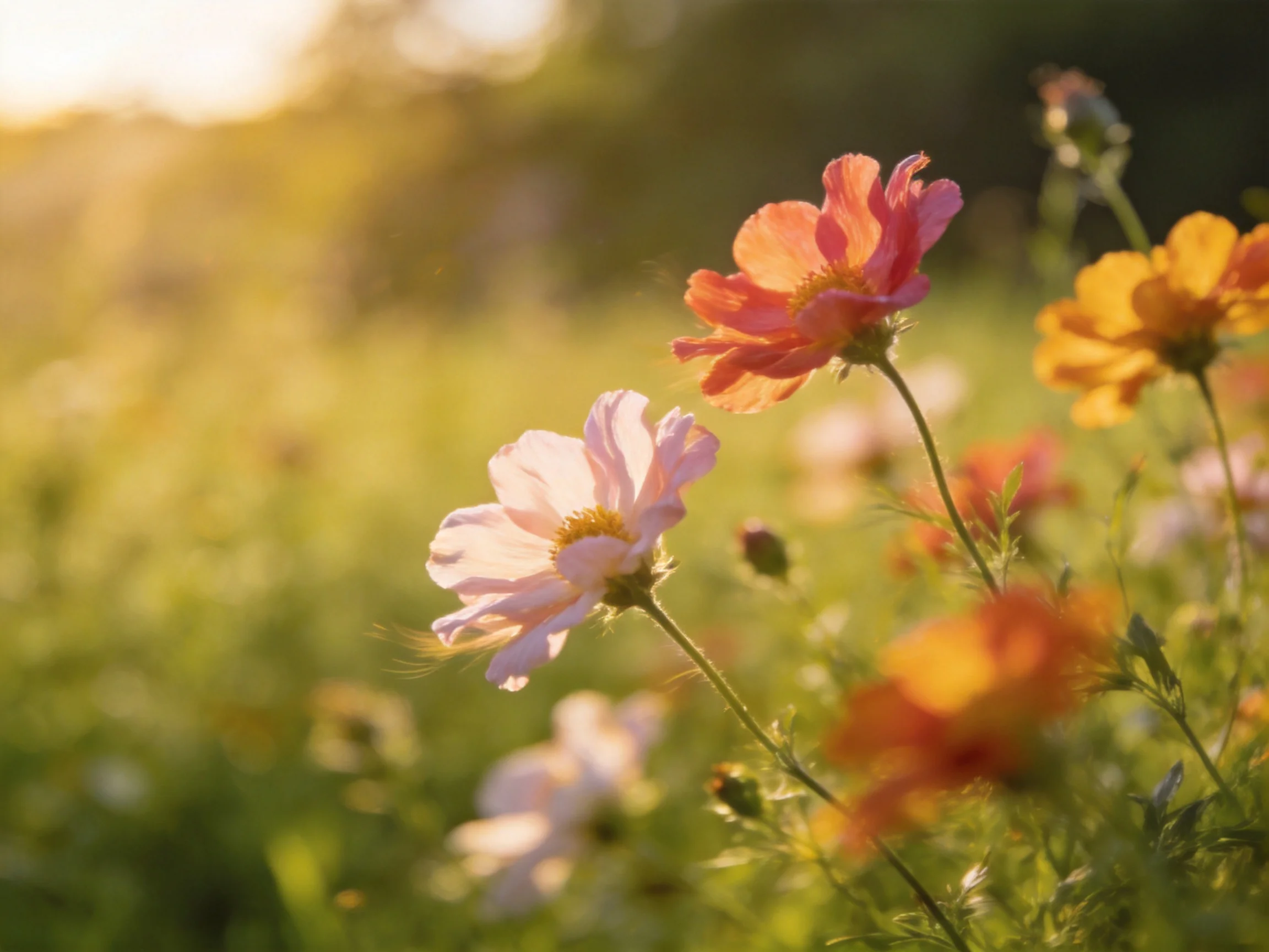 Vibrant pink, orange, and white cosmos flowers bathed in golden sunlight