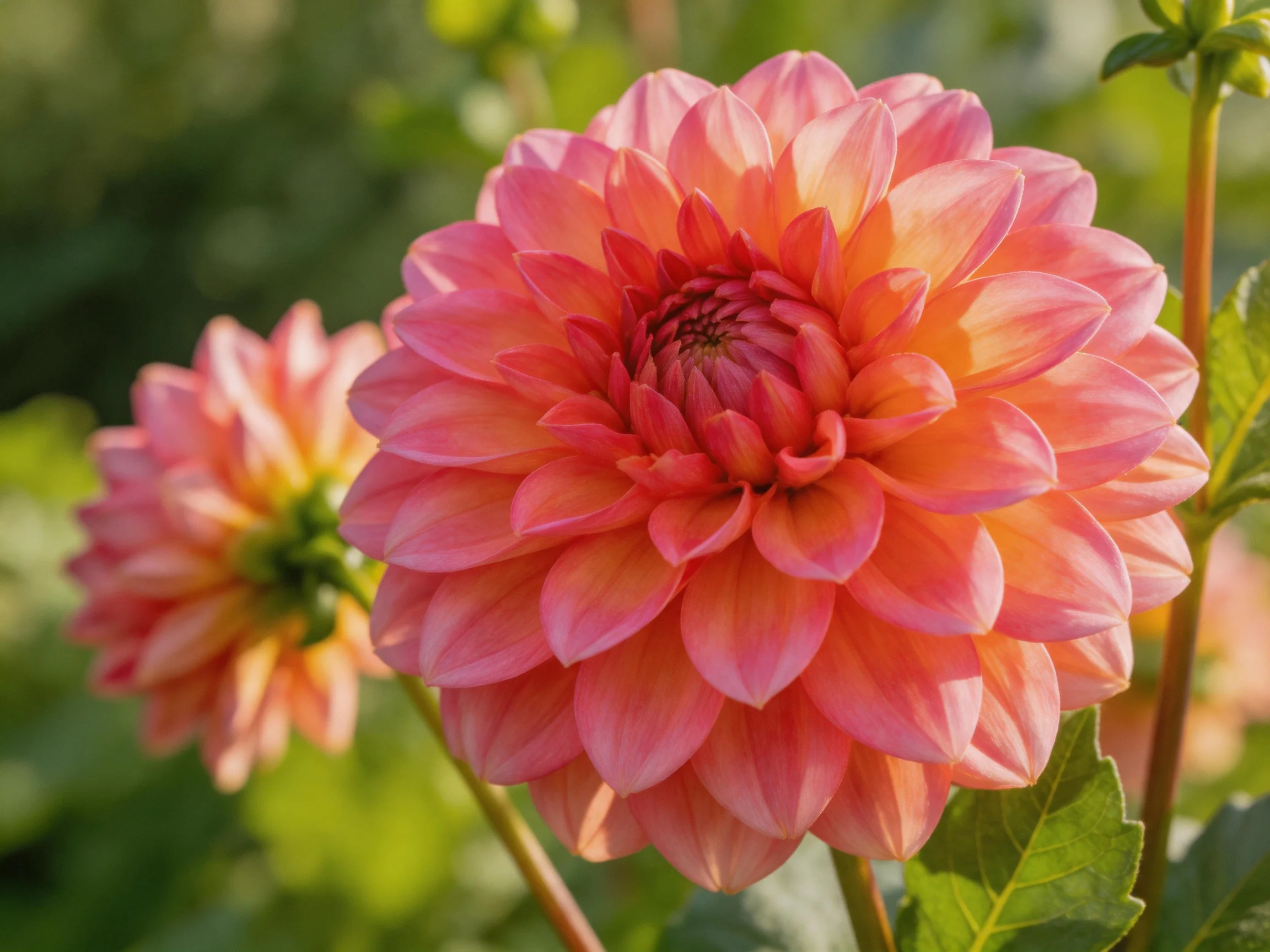 Vibrant pink-orange dahlia blooms with layered petals