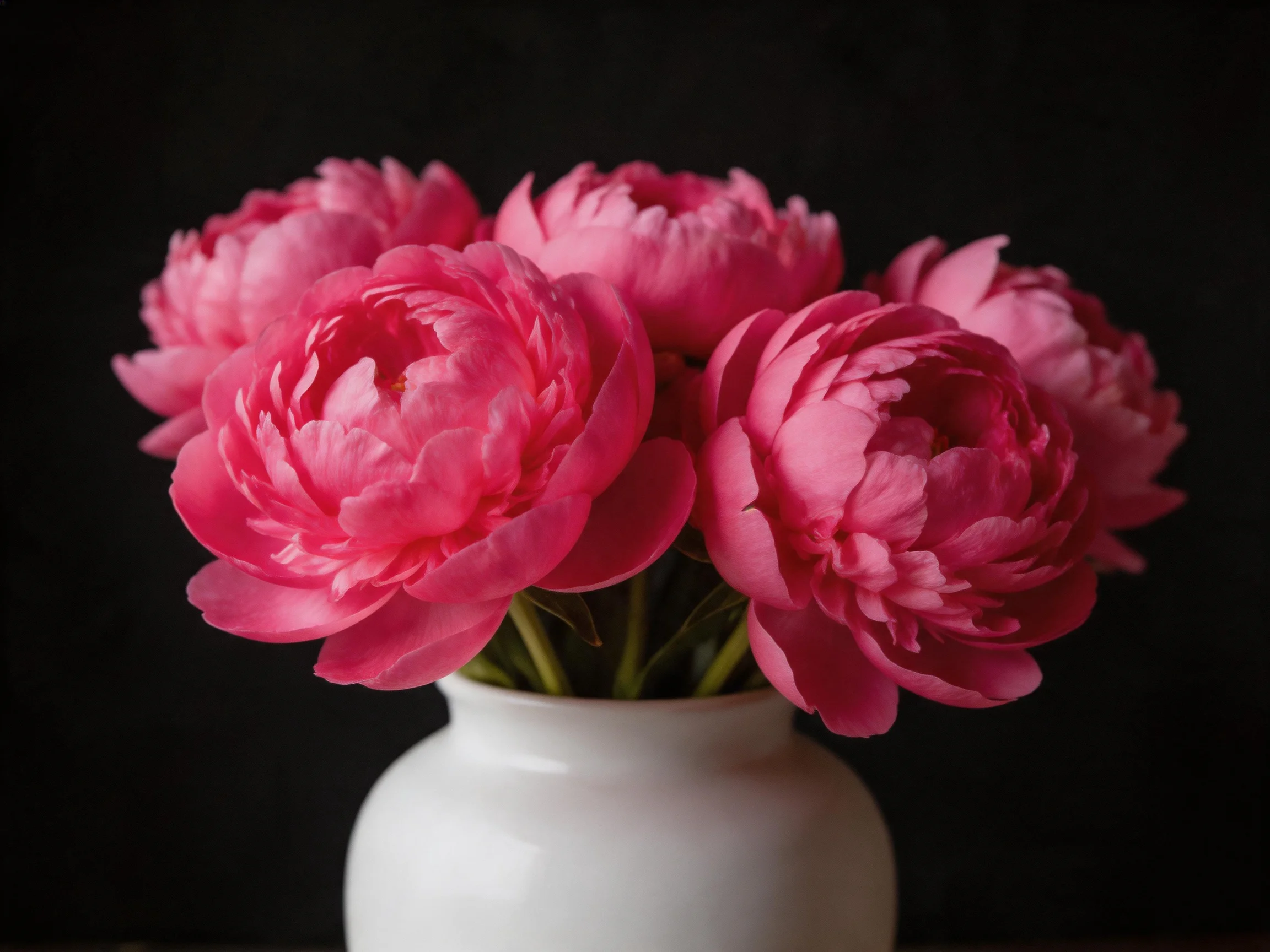 Vibrant pink peonies arranged in a smooth white ceramic vase