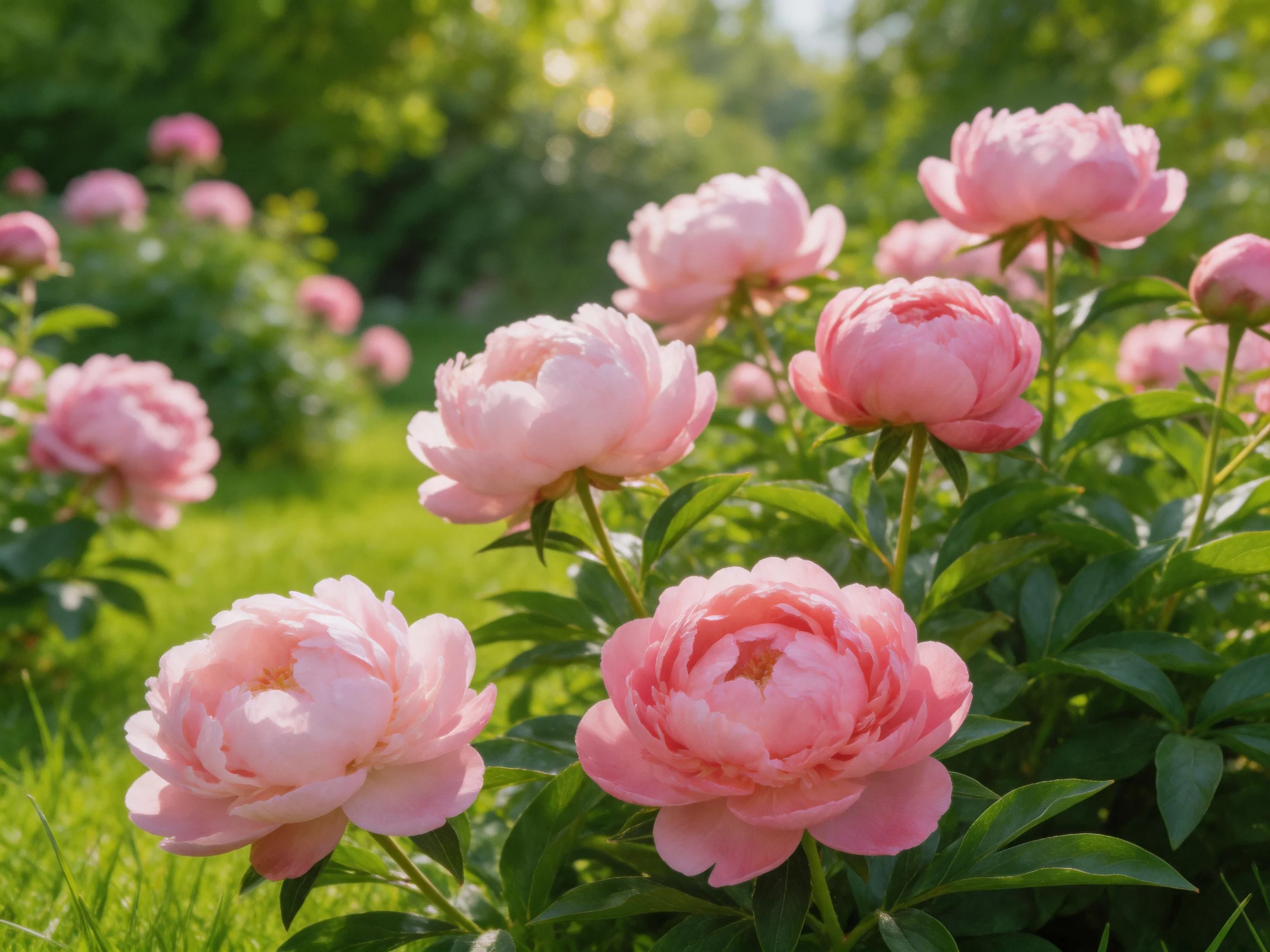 Vibrant pink peonies bloom abundantly among lush green foliage
