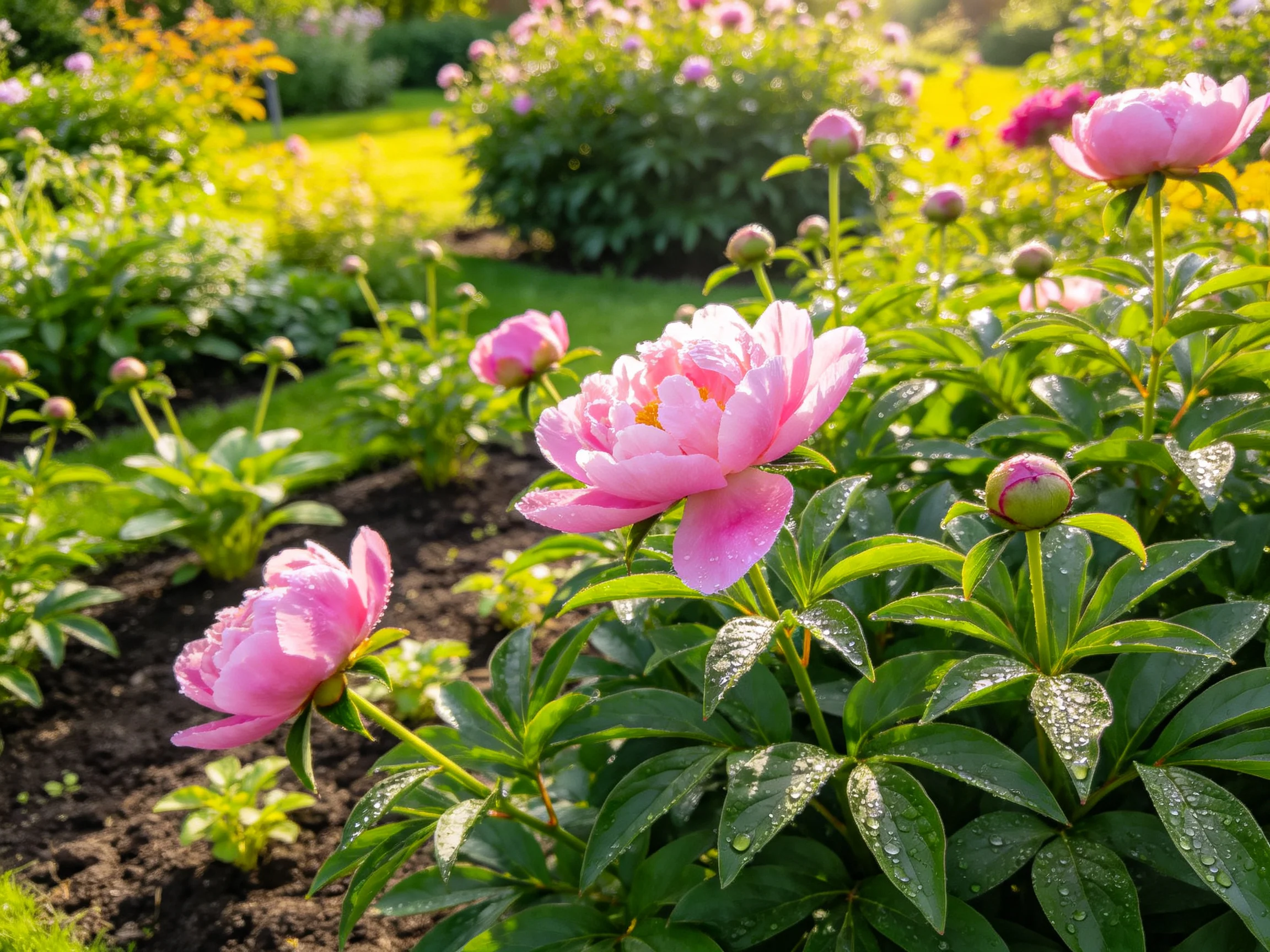 Vibrant pink peonies bloom in a lush, sun-drenched garden