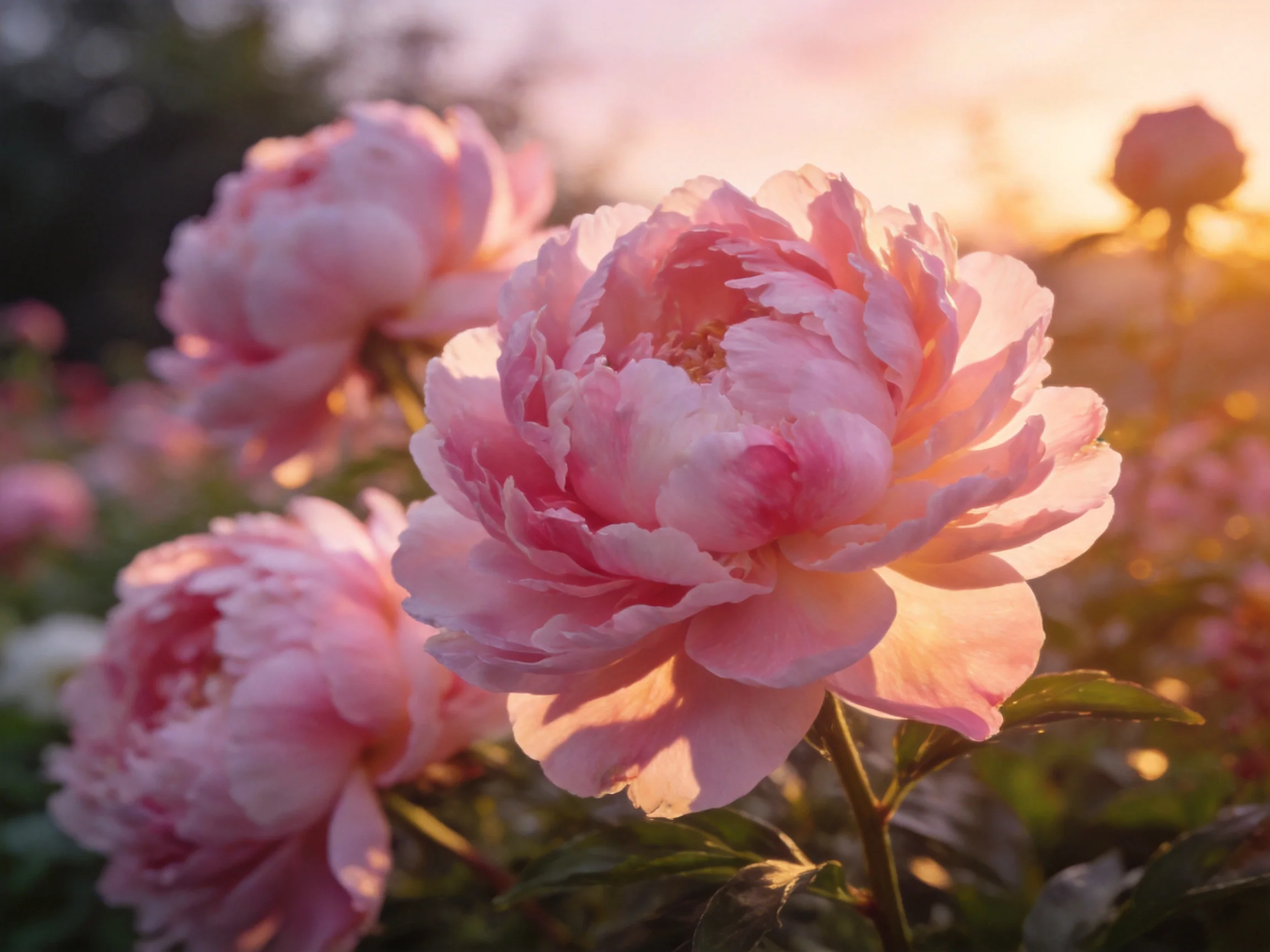 Vibrant pink peonies illuminated by golden sunset light among green foliage