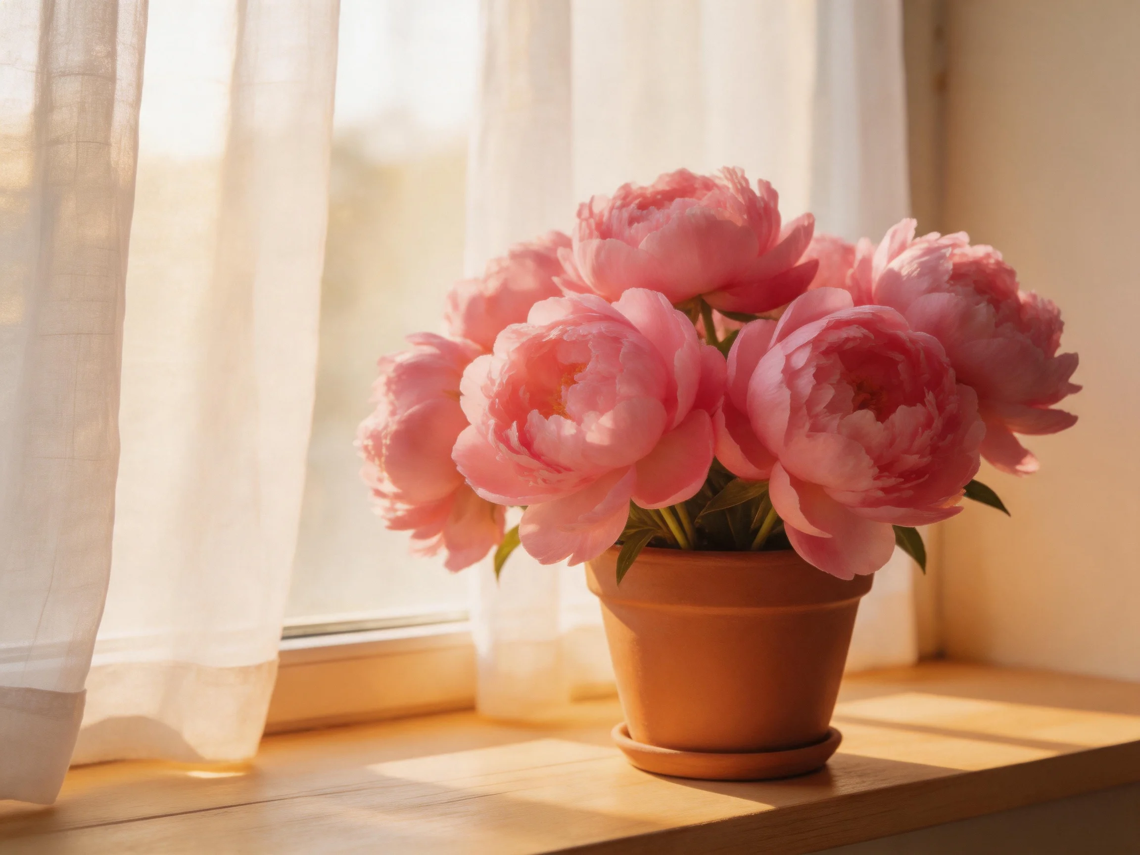 Vibrant pink peonies in a terracotta pot on a sunlit windowsill