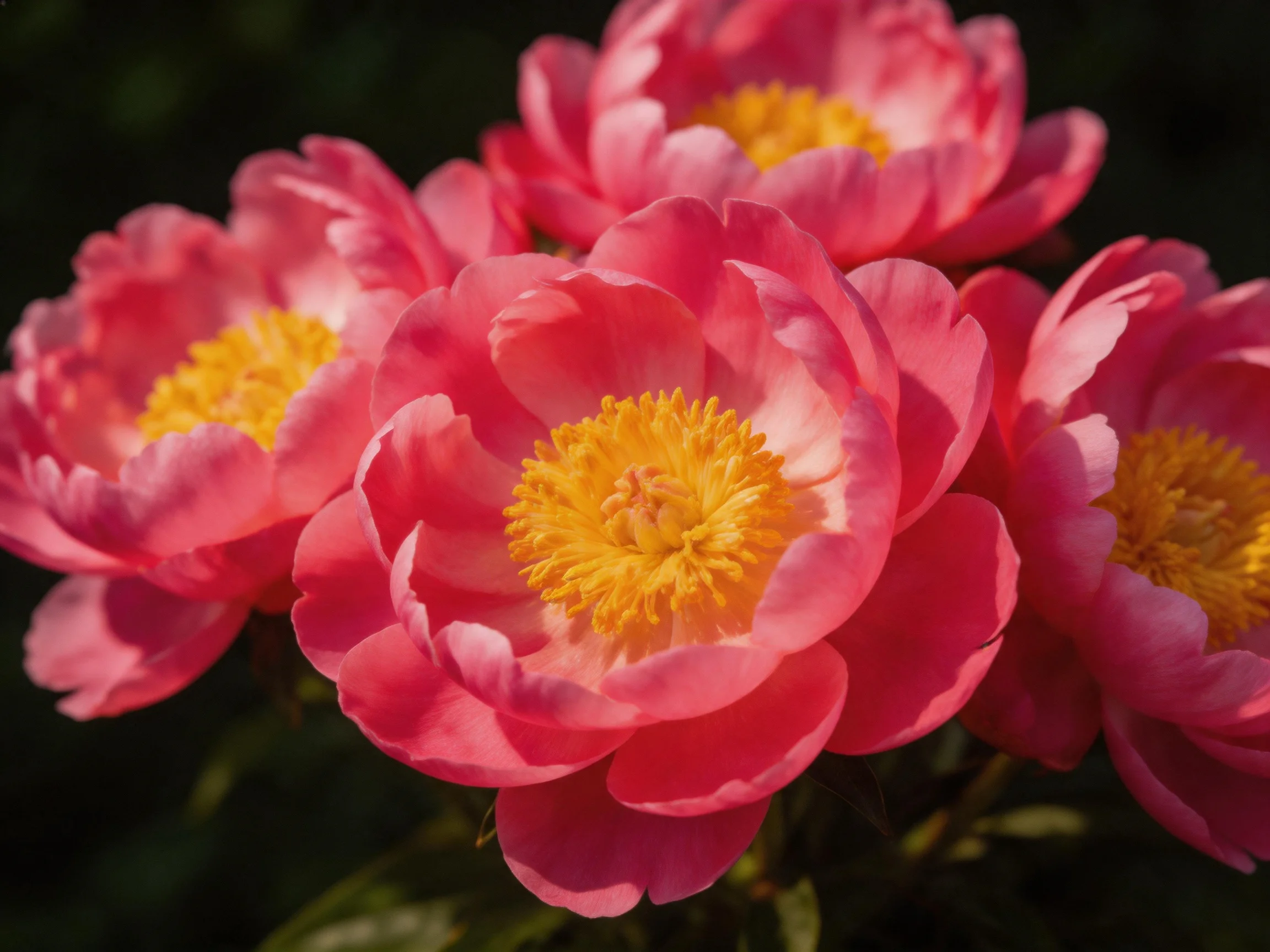 Vibrant pink peonies with bright yellow centers clustered closely