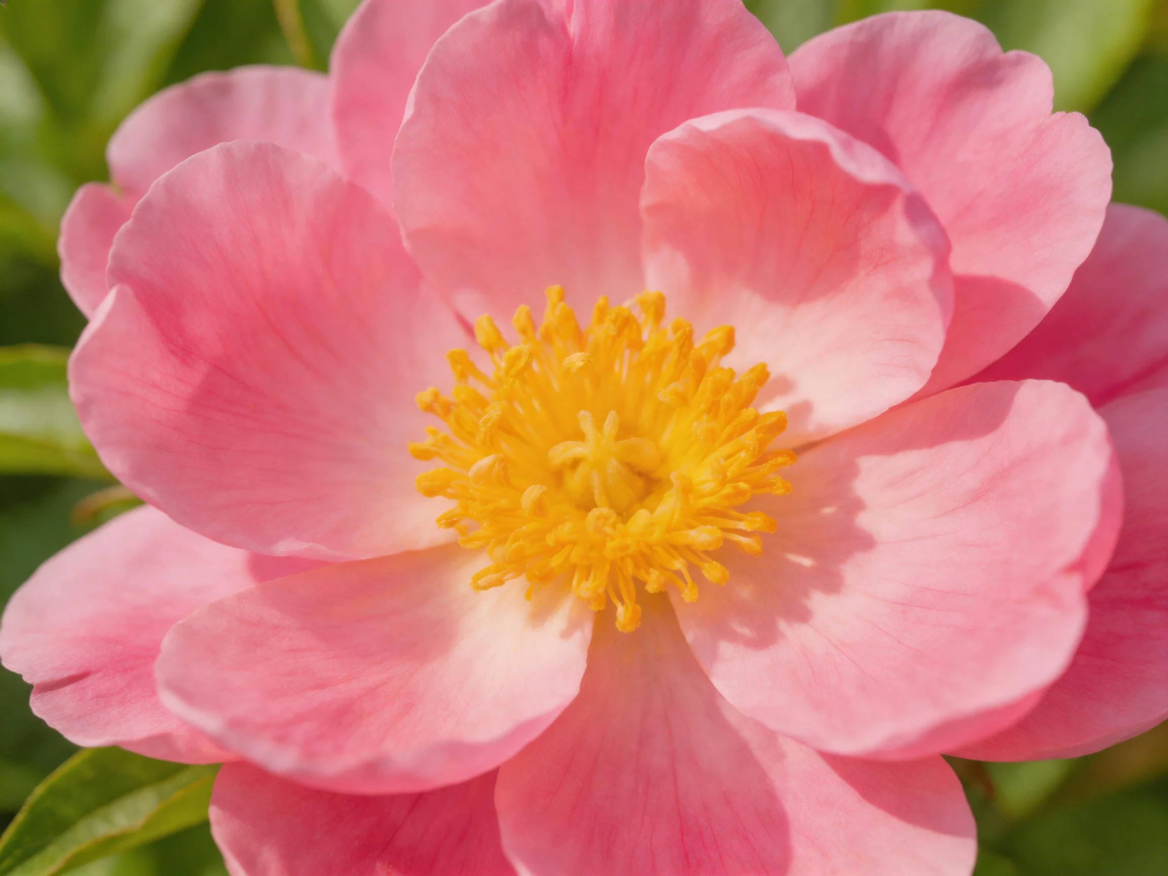 Vibrant pink peony bloom with bright yellow stamens