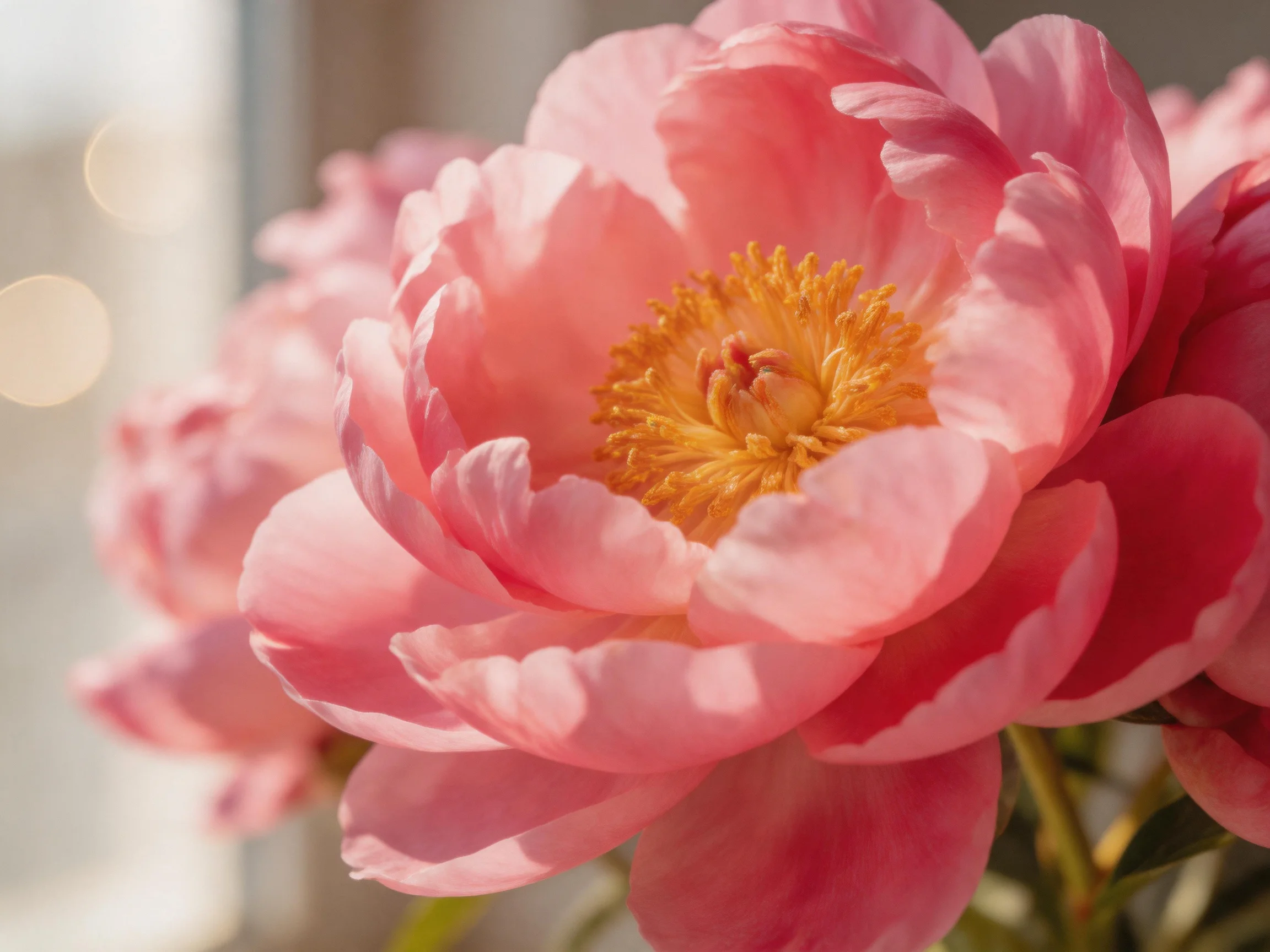Vibrant pink peony blooms with golden center in soft natural light