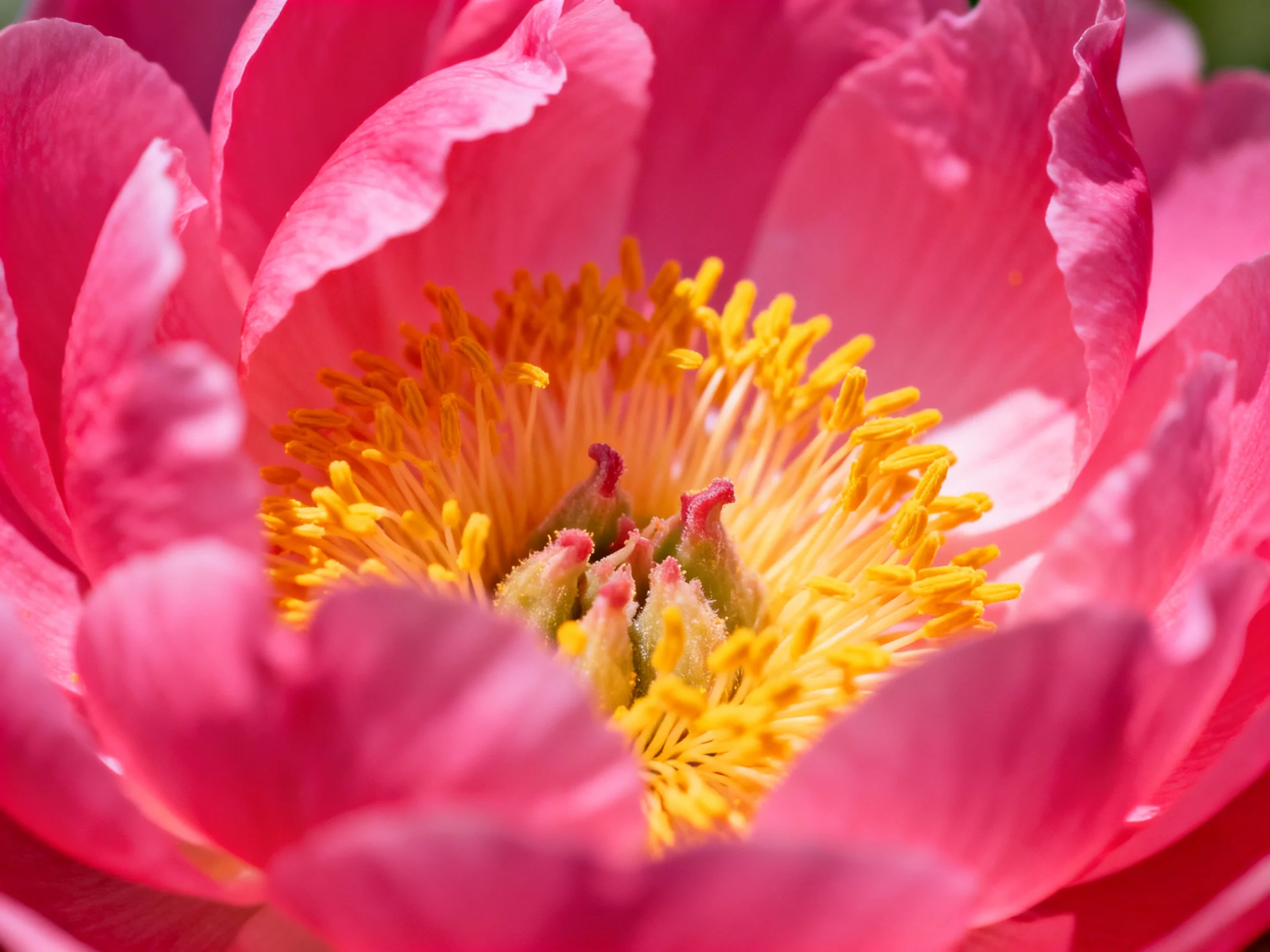 Vibrant pink peony with golden-yellow stamens