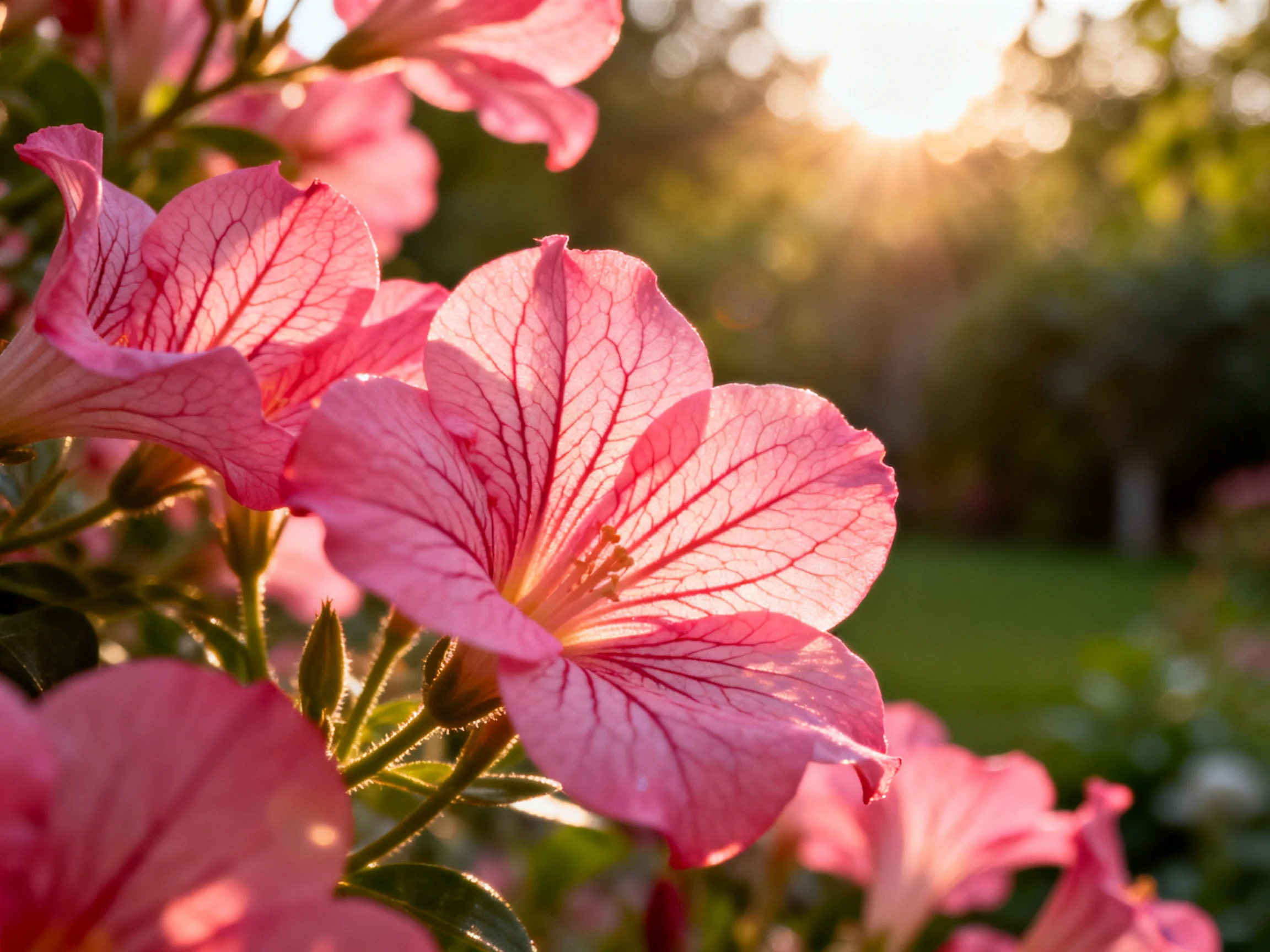 Vibrant pink petunia blooms illuminated by golden sunlight