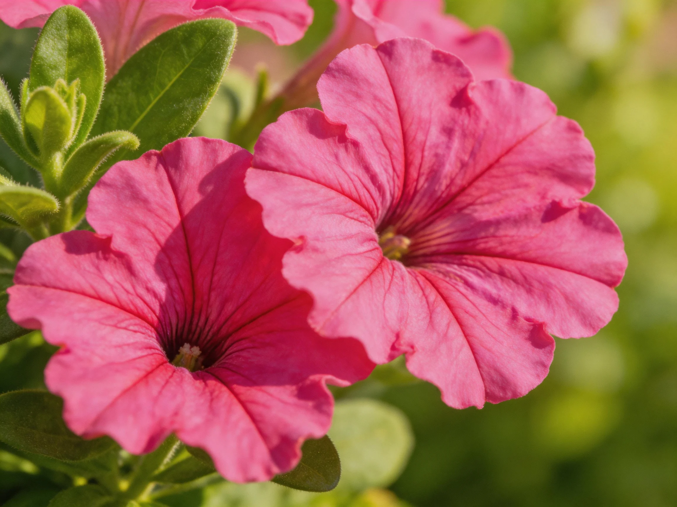 Vibrant pink petunia blooms with lush green foliage
