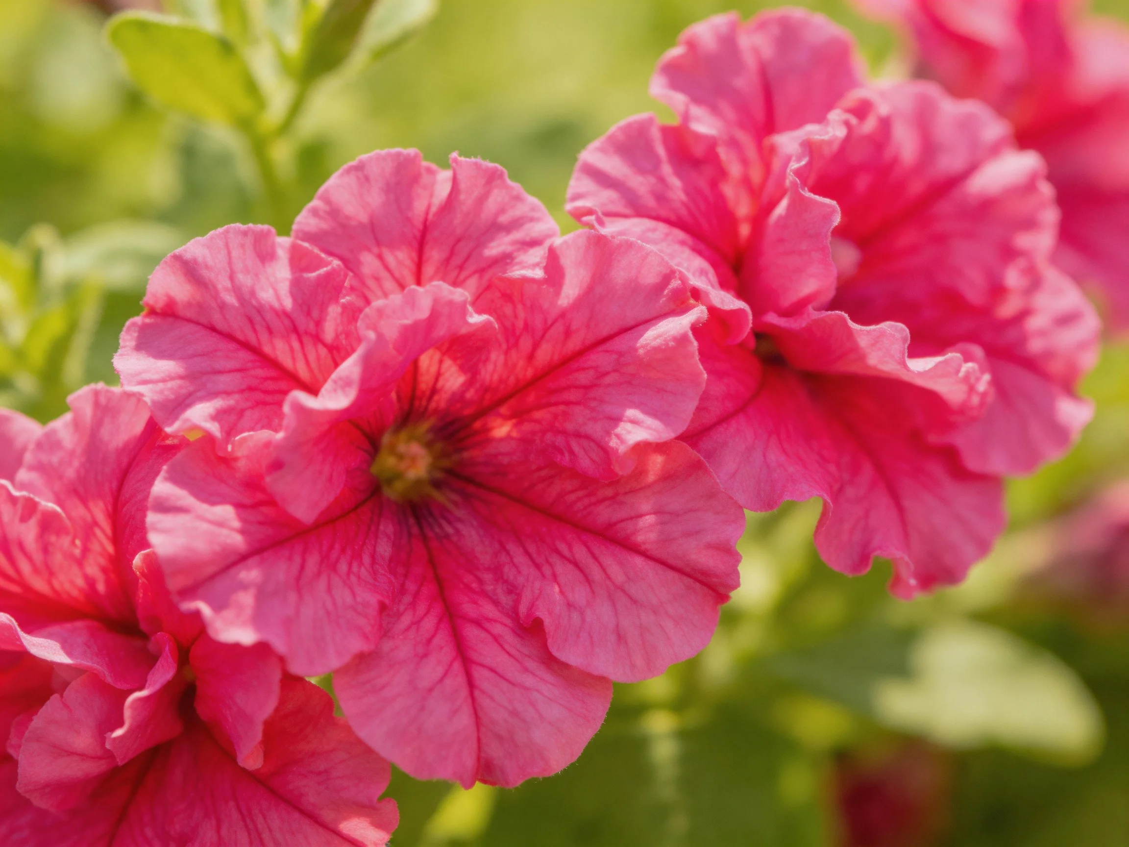 Vibrant pink petunias with ruffled petals bloom in a sunlit garden