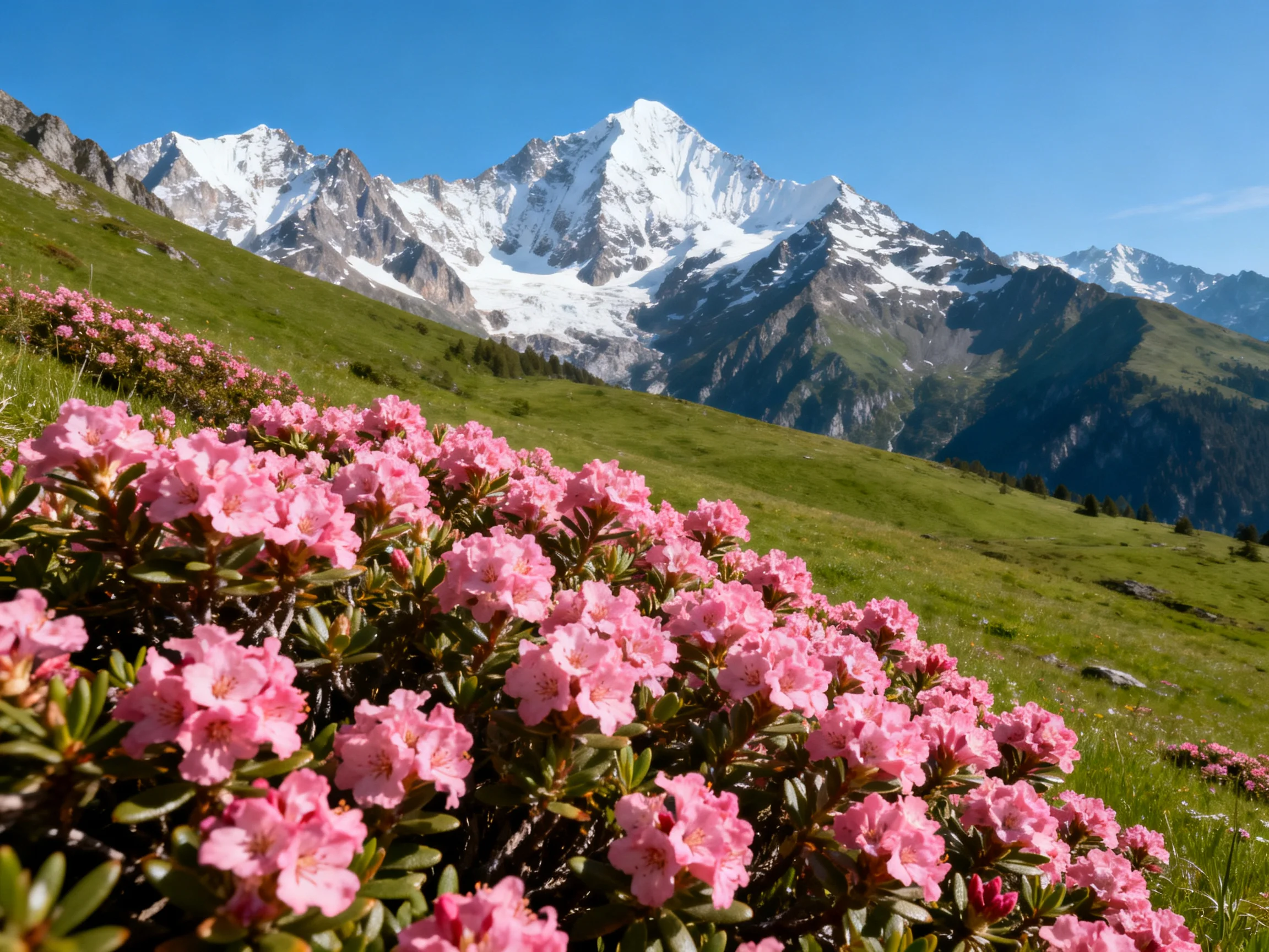 Vibrant pink rhododendron blooms near snow-capped alpine peaks