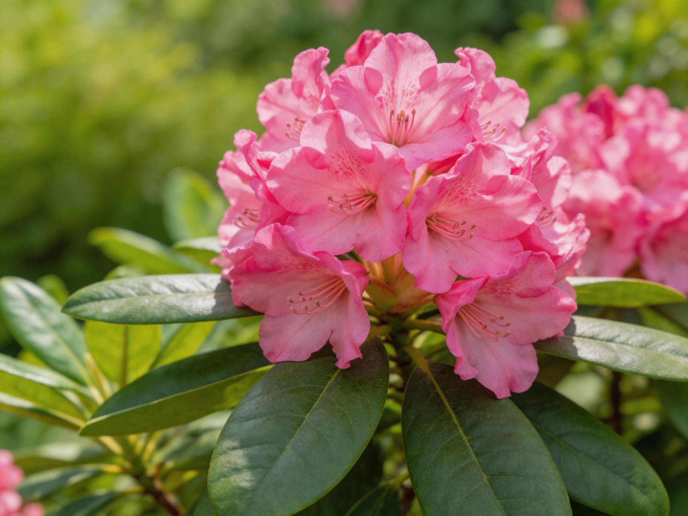 Vibrant pink rhododendron blooms with glossy green foliage