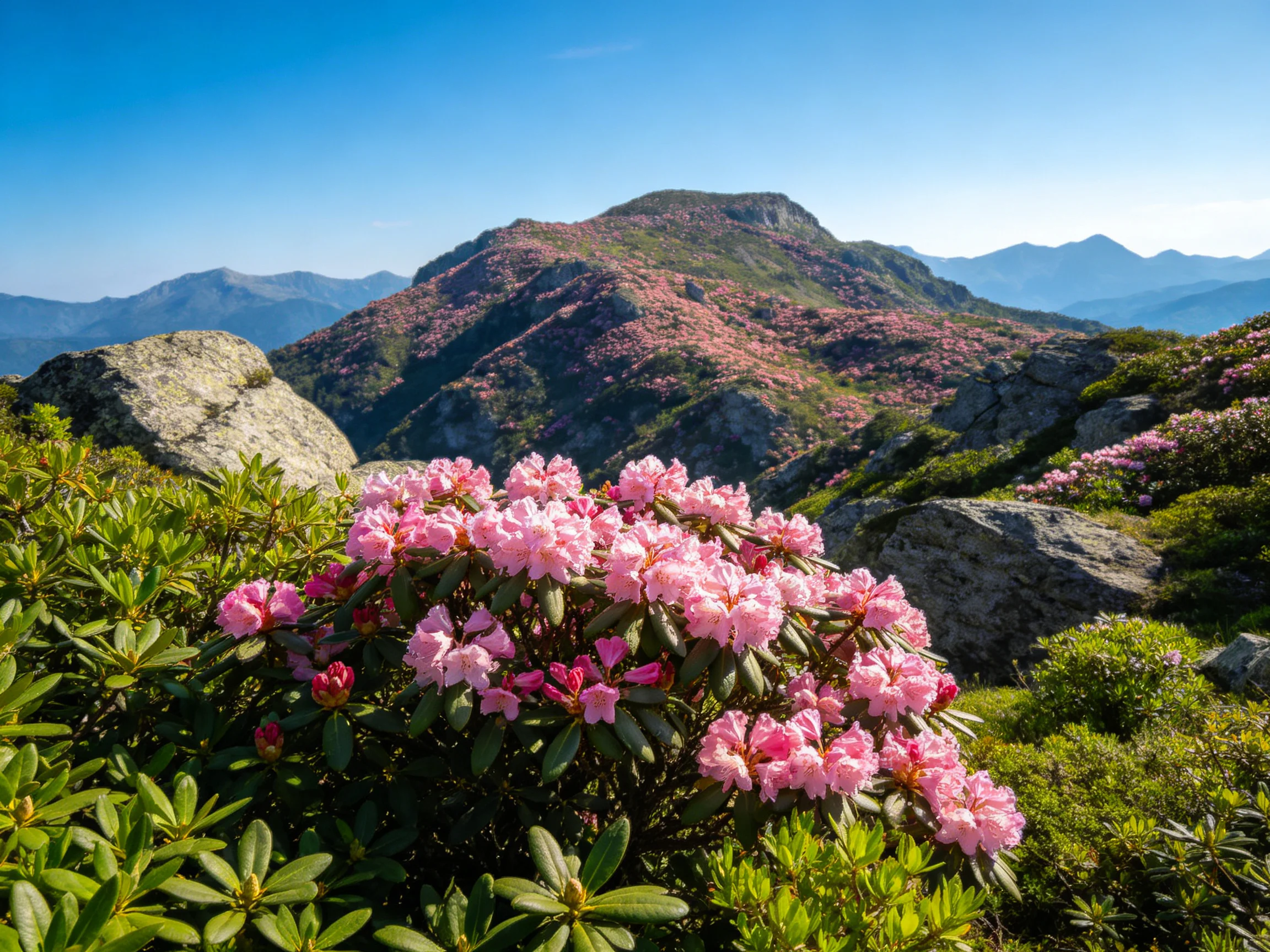 Vibrant pink rhododendrons bloom near rocky terrain and mountain slopes