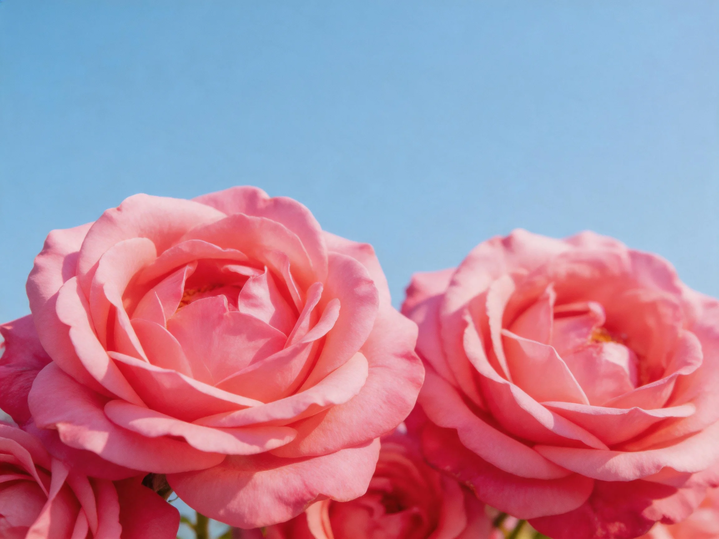 Vibrant pink roses bloom against a clear blue sky