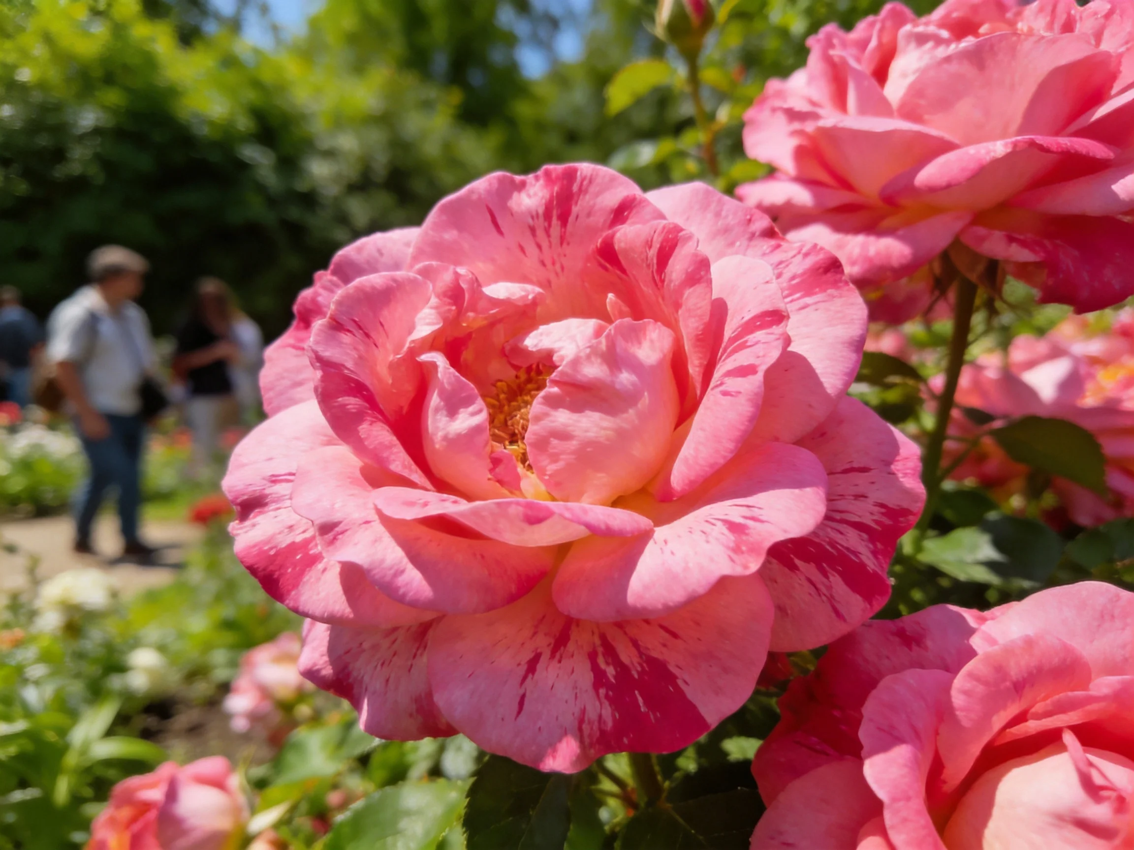 Vibrant pink roses bloom in a sunlit garden with visitors