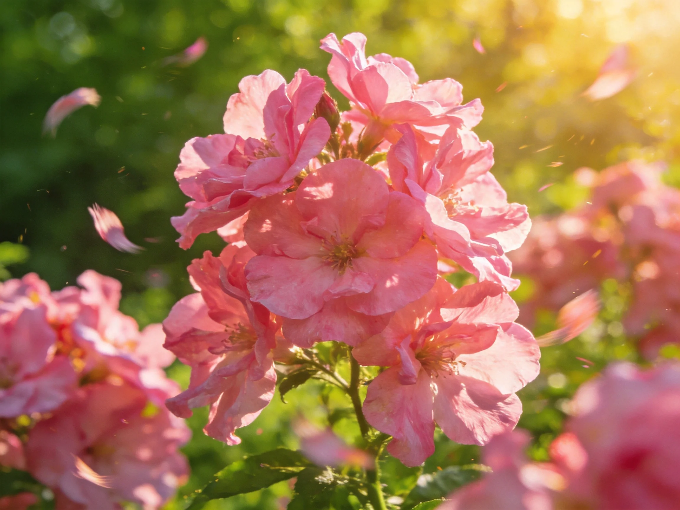 Vibrant pink roses bloom under golden sunlight with petals drifting