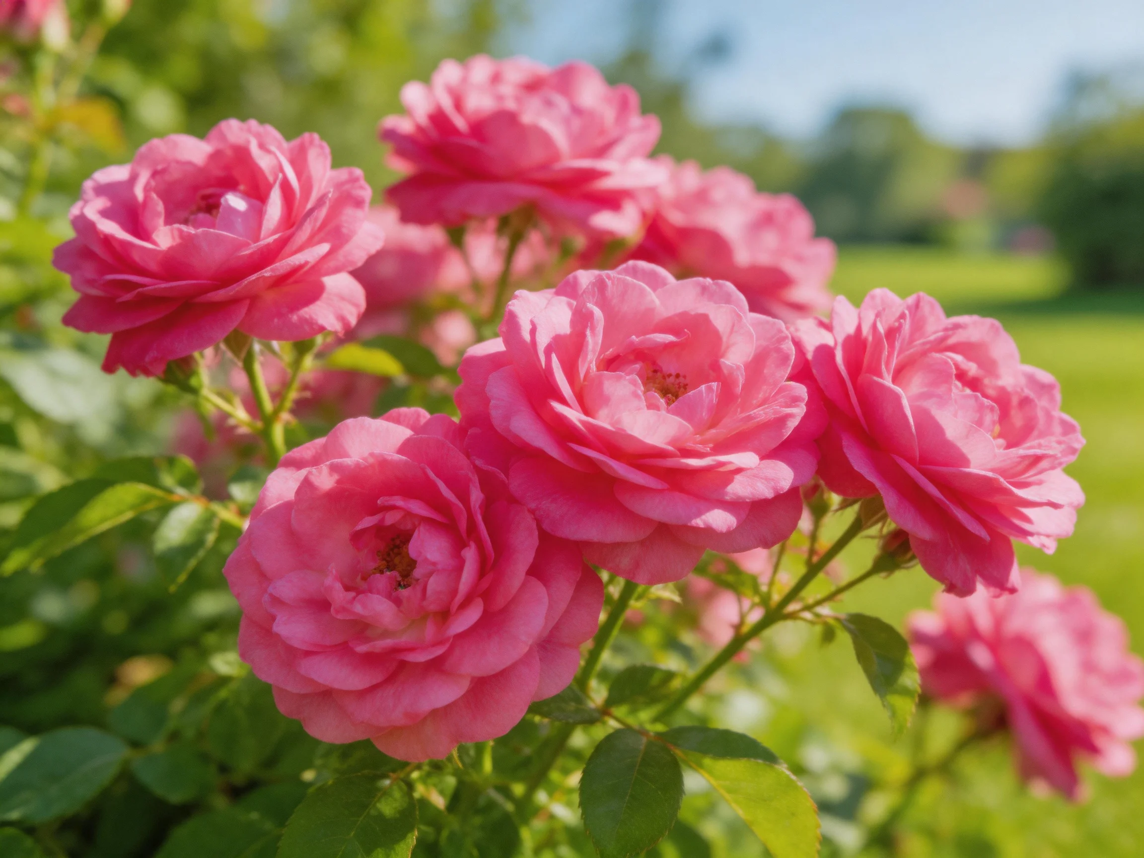 Vibrant pink roses cluster densely amid lush green foliage