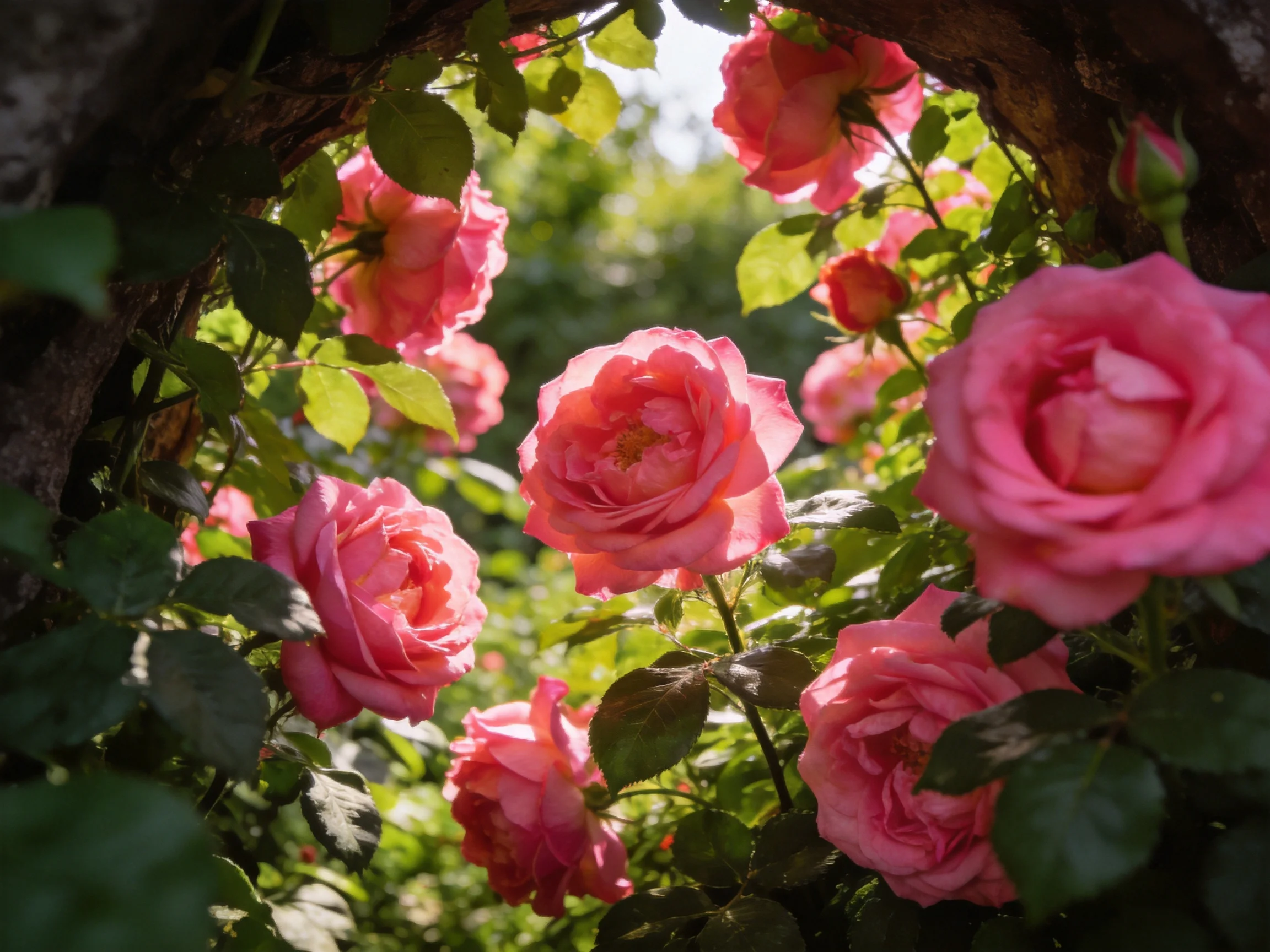Vibrant pink roses flourish among dense green foliage in a sunlit garden archway.