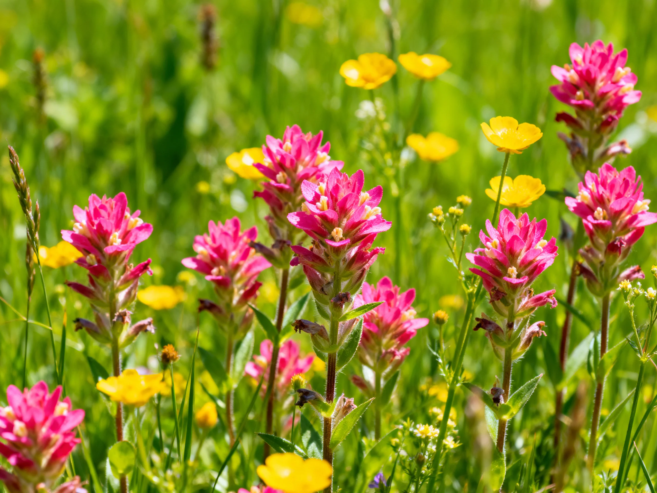 Vibrant pink wildflowers amid bright yellow blooms in lush green meadow