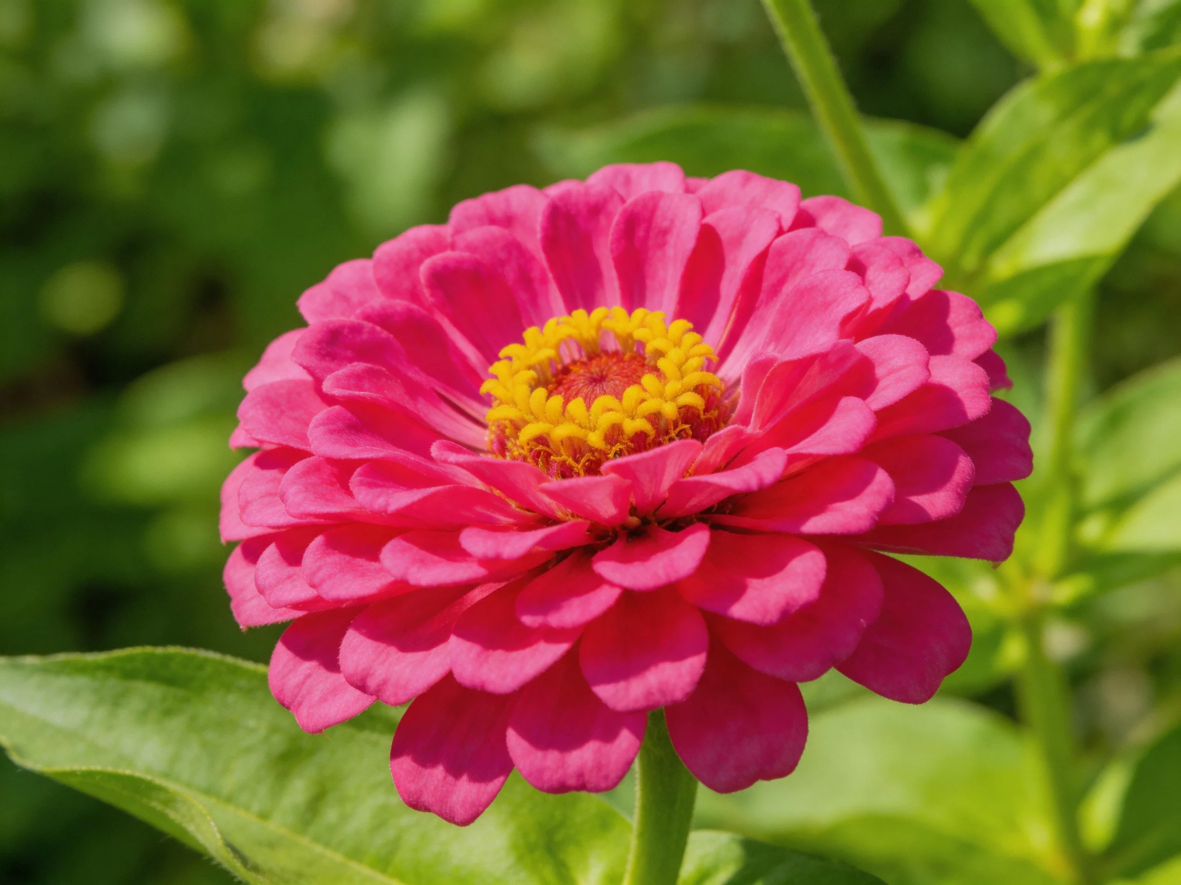 Vibrant pink zinnia with bright yellow center and green foliage