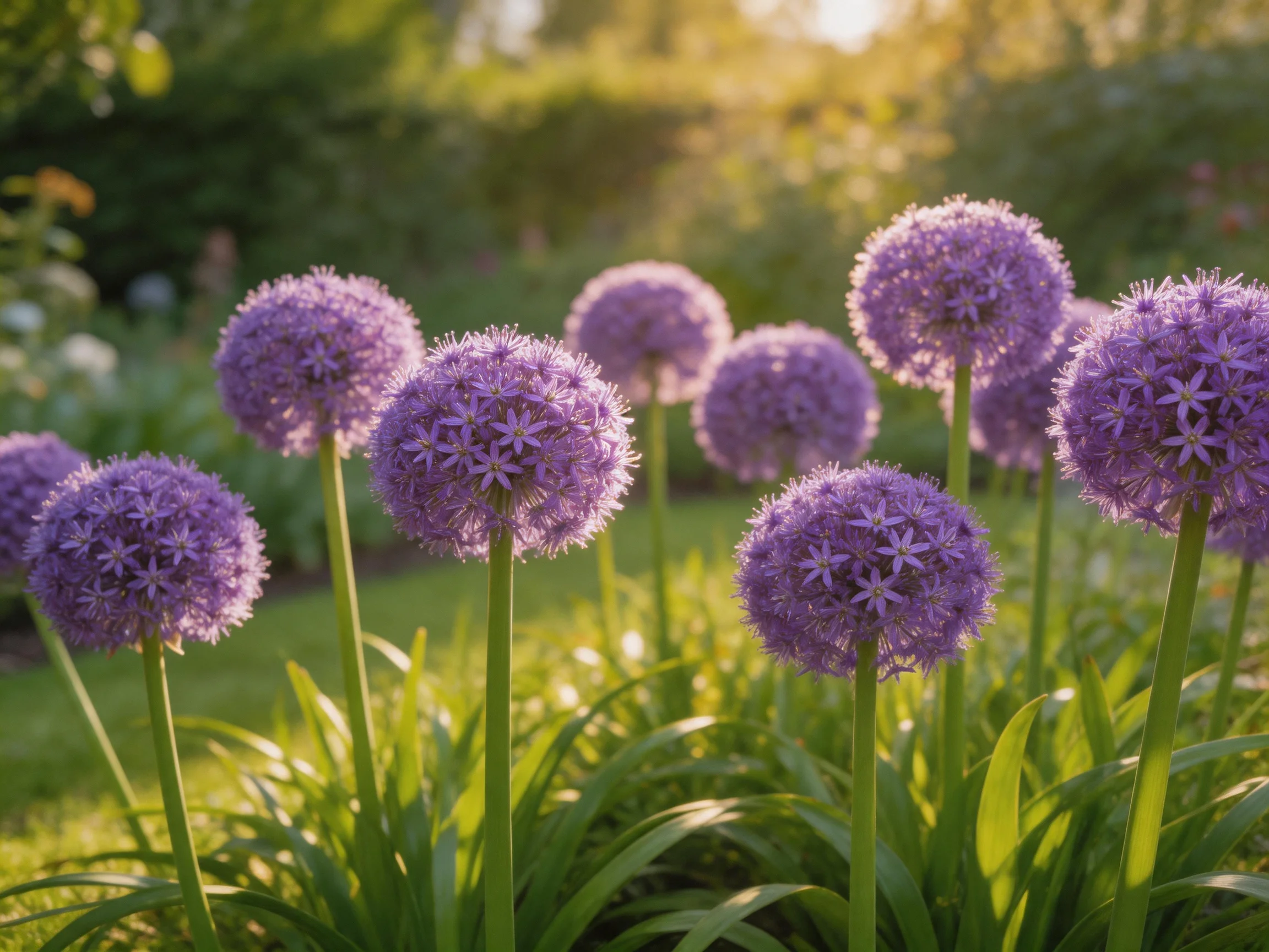 Vibrant purple allium blooms in a sun-drenched garden