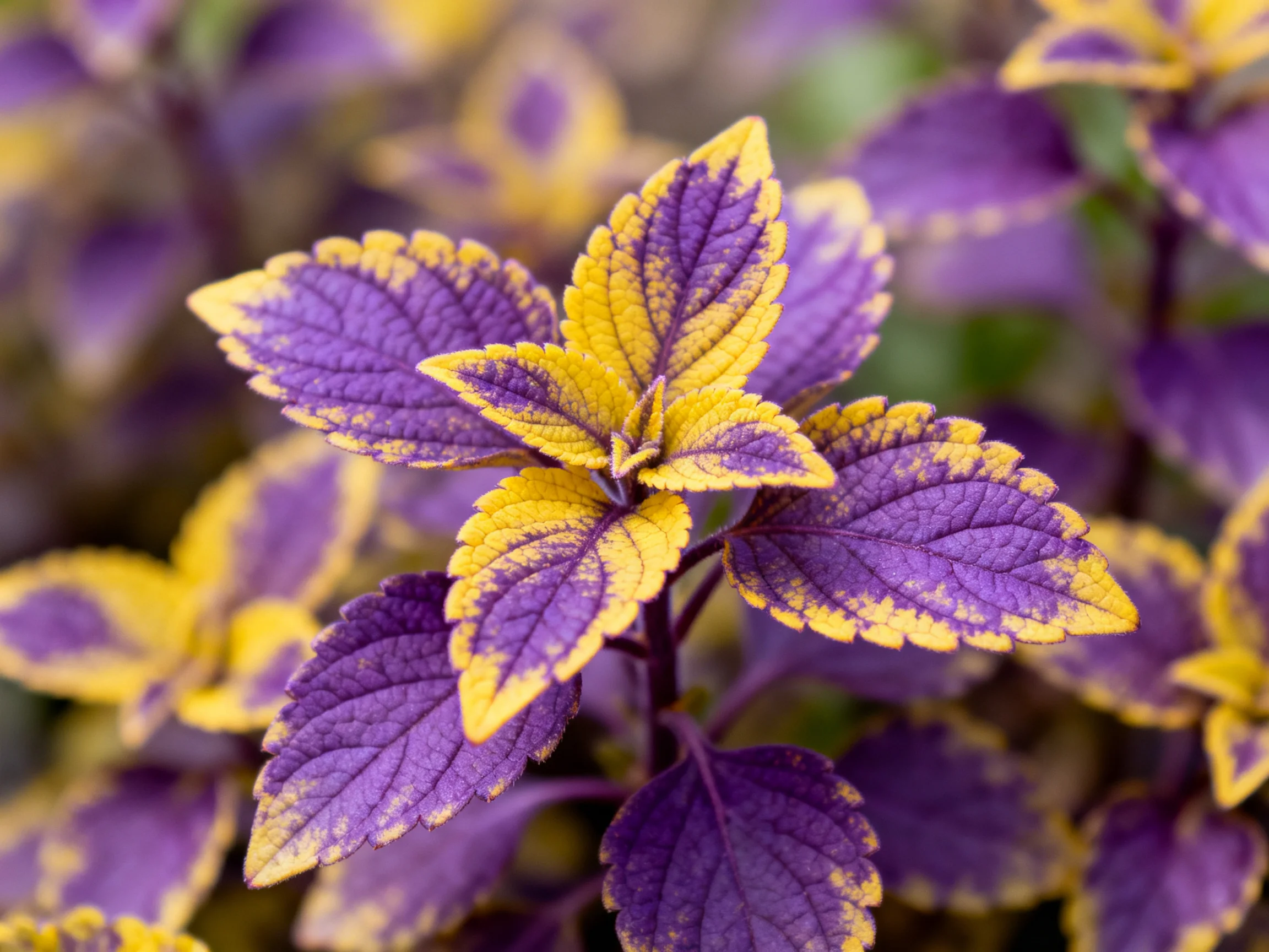 Vibrant purple and golden Coleus leaves with contrasting edge patterns