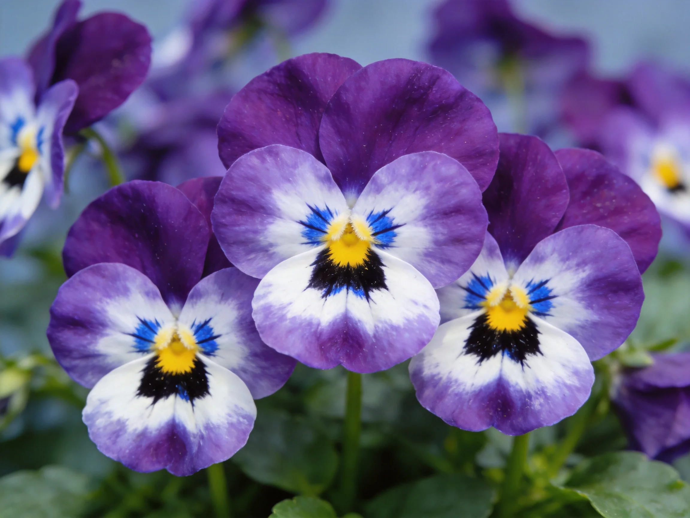 Vibrant purple and white pansy flowers with blue accents clustered in a garden