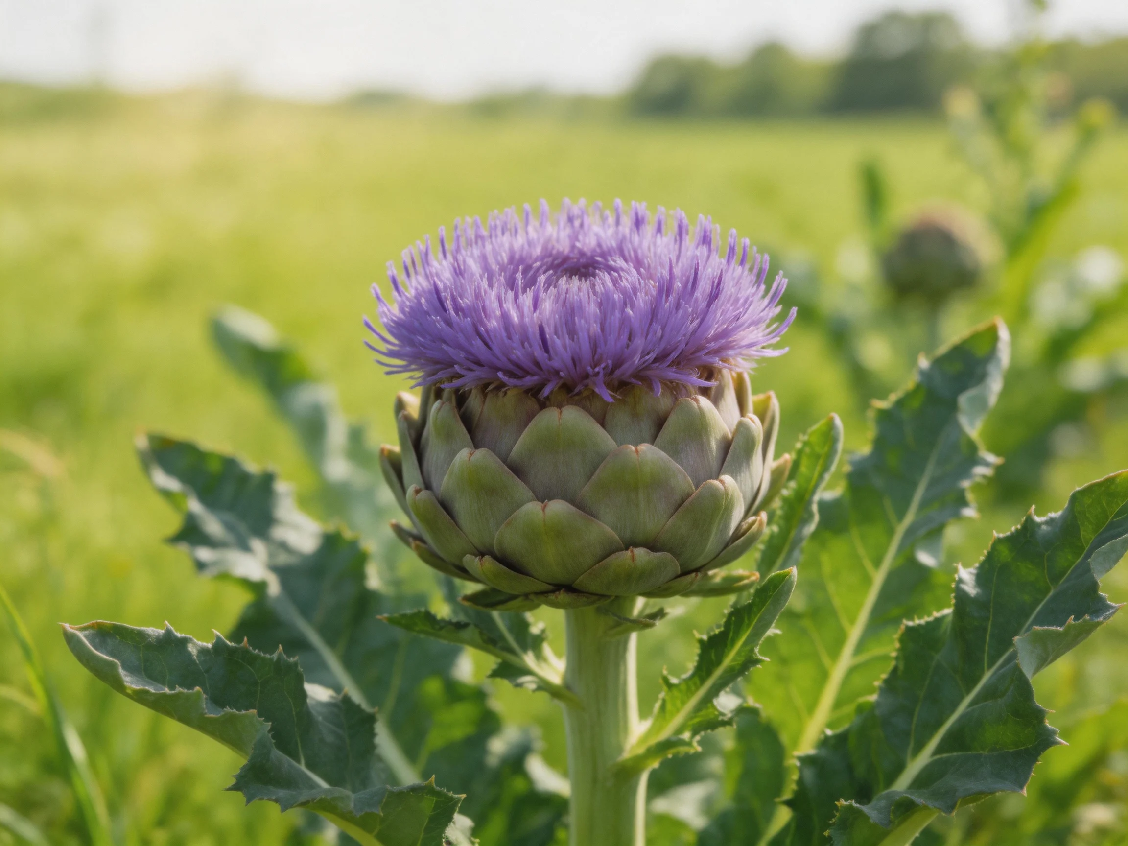 Vibrant purple artichoke bloom with broad green leaves in sunlit meadow