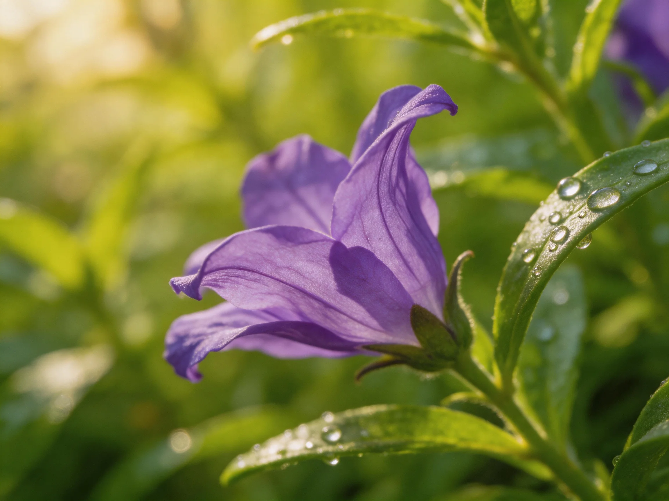 Vibrant purple bellflower with dewy green leaves under soft sunlight