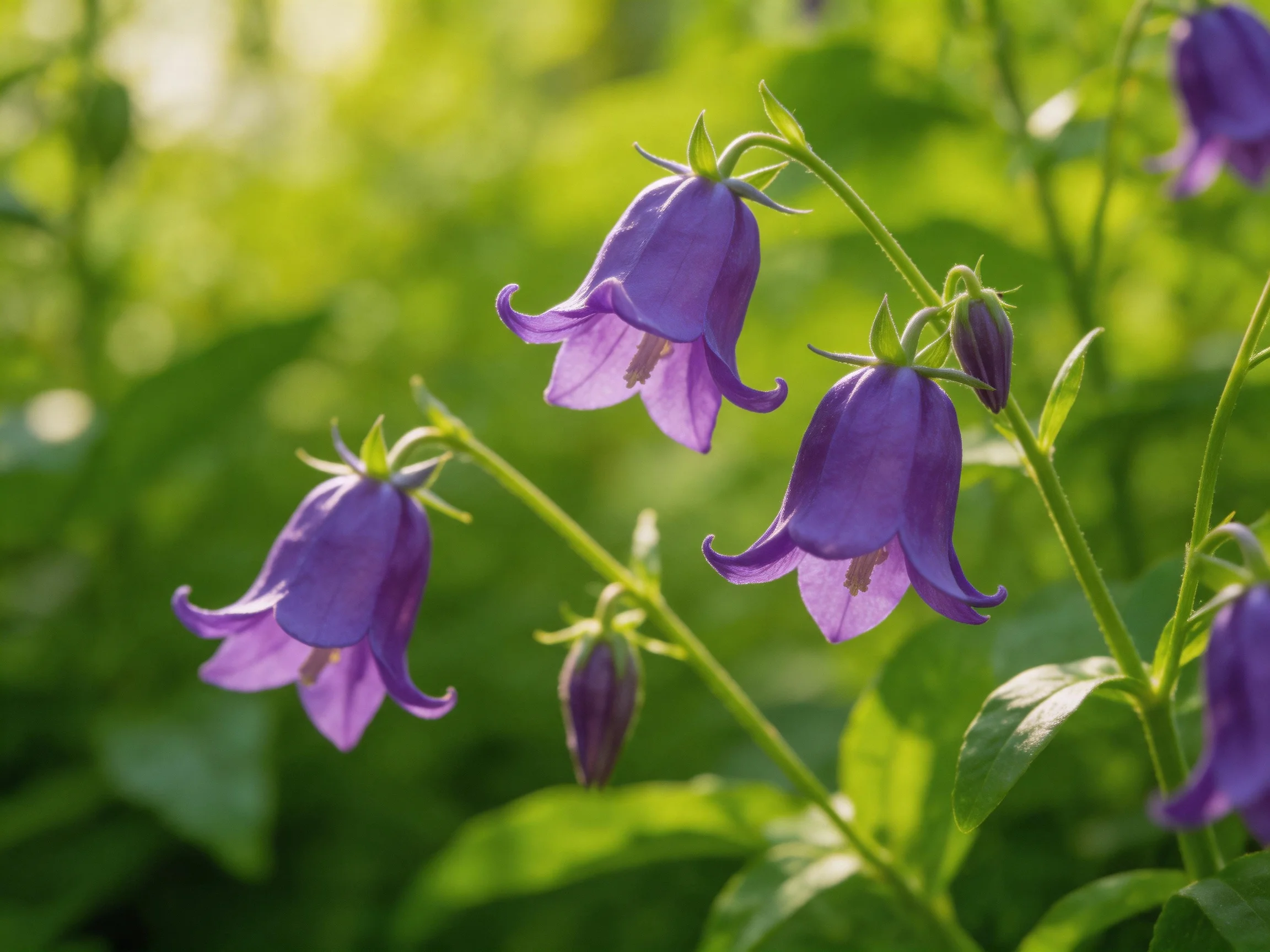 Vibrant purple bellflowers bloom among lush green foliage