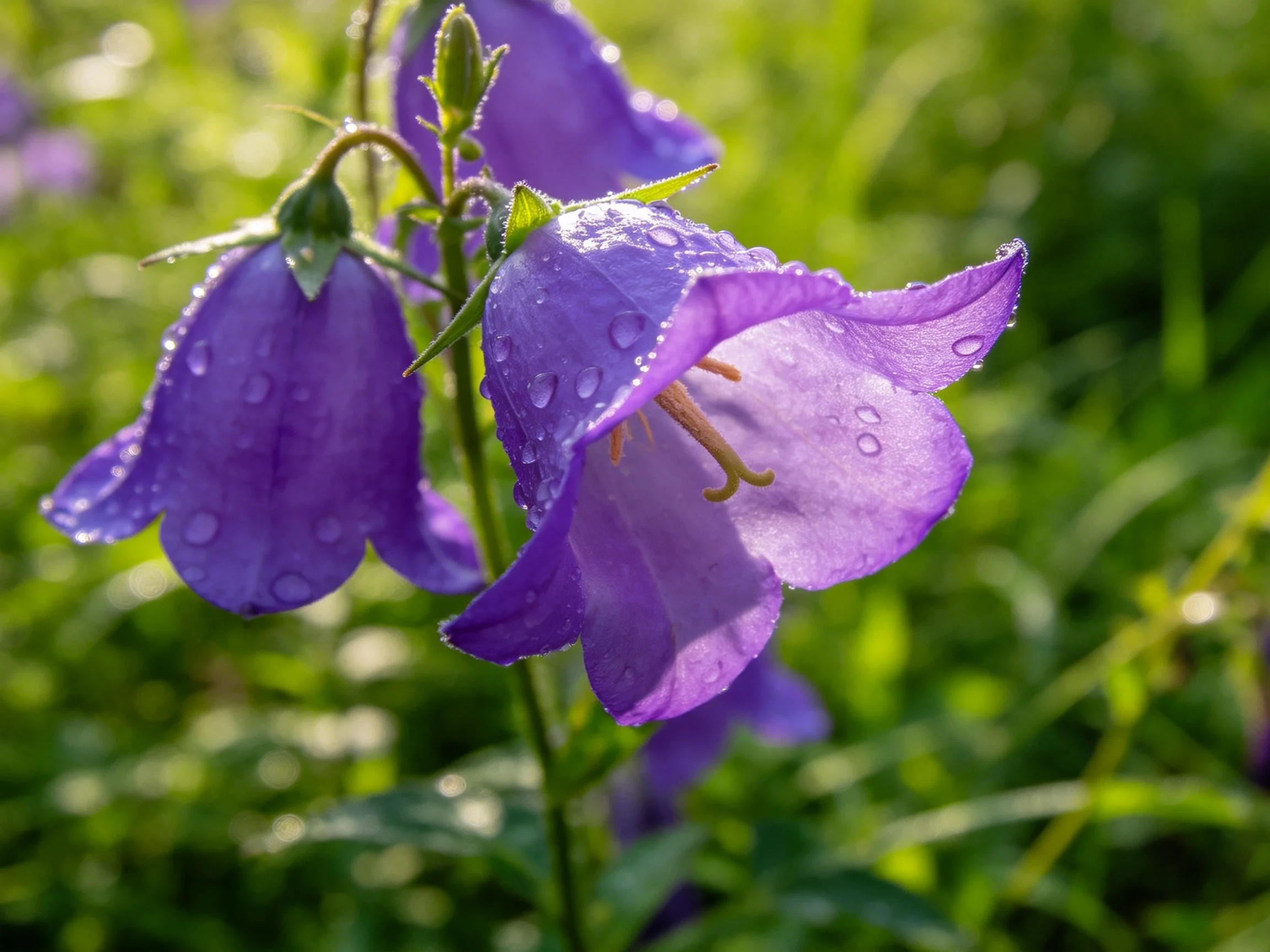Vibrant purple bellflowers with dewdrops in a sunlit green meadow