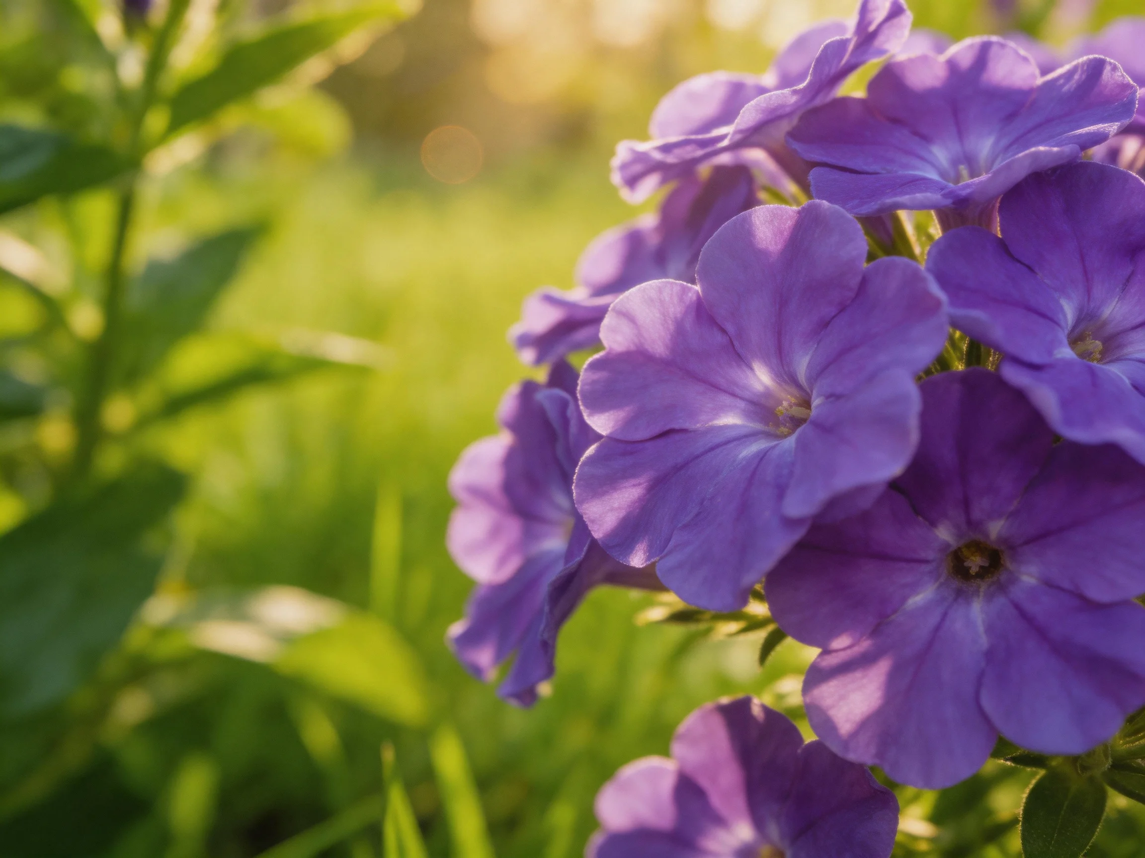 Vibrant purple blooms illuminated by golden sunlight amid lush greenery
