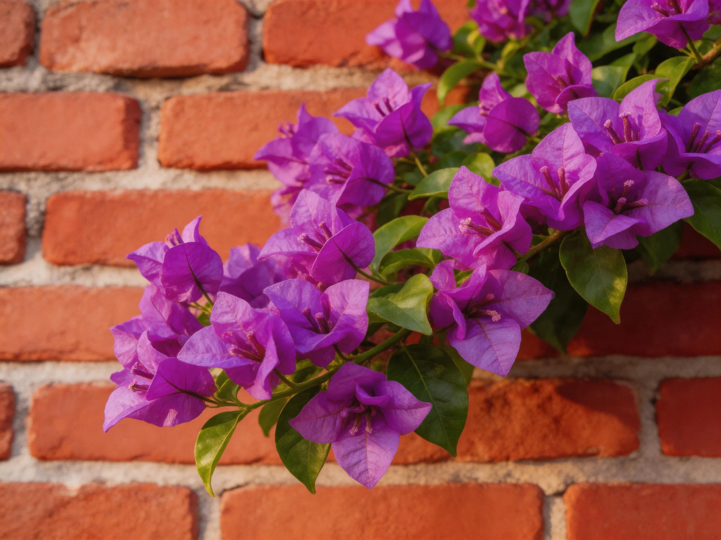 Vibrant purple bougainvillea blooms against a weathered red brick wall