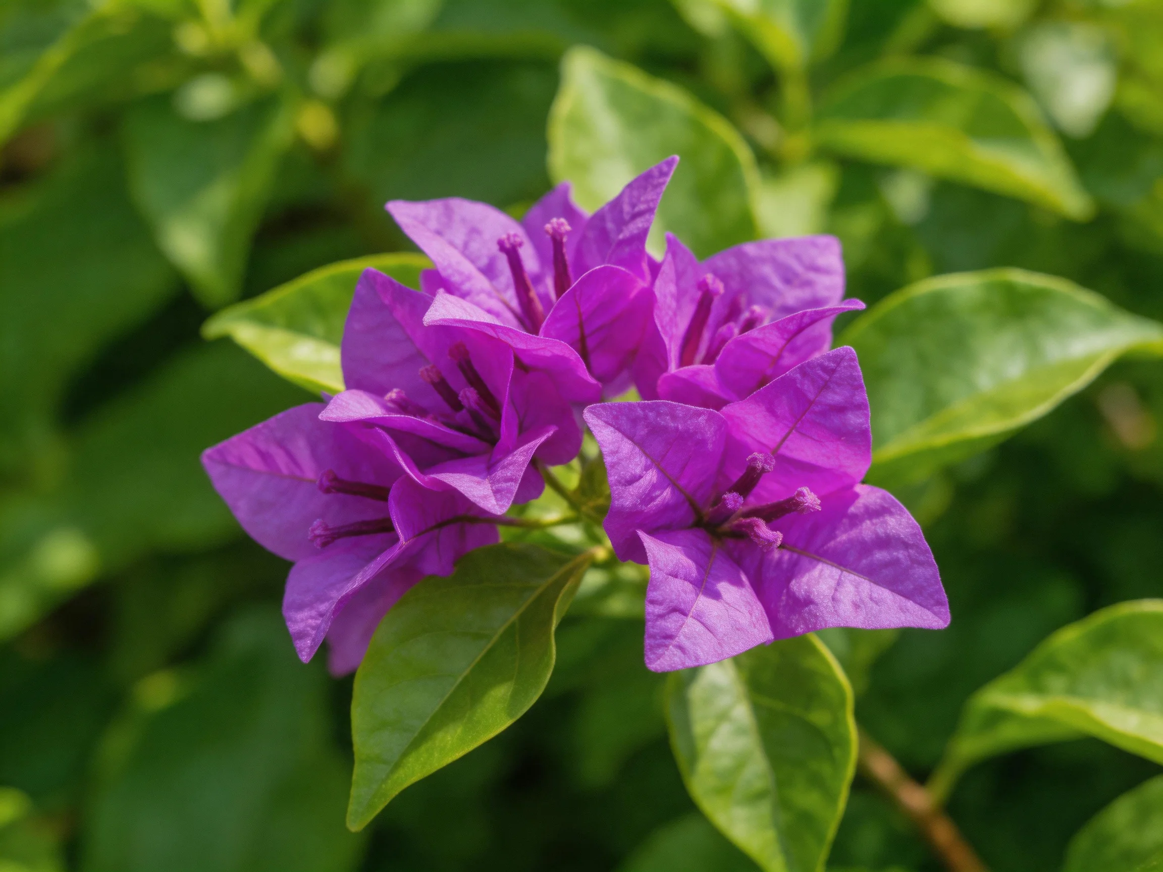 Vibrant purple bougainvillea blooms amid lush green foliage