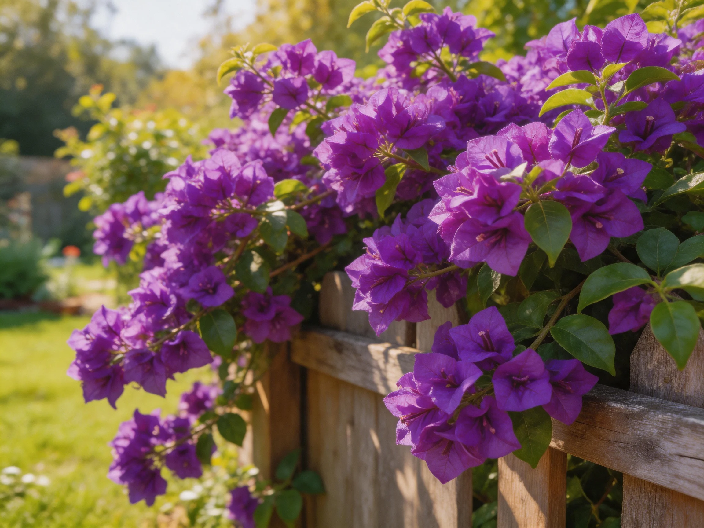 Vibrant purple bougainvillea blooms cascade over a weathered wooden fence