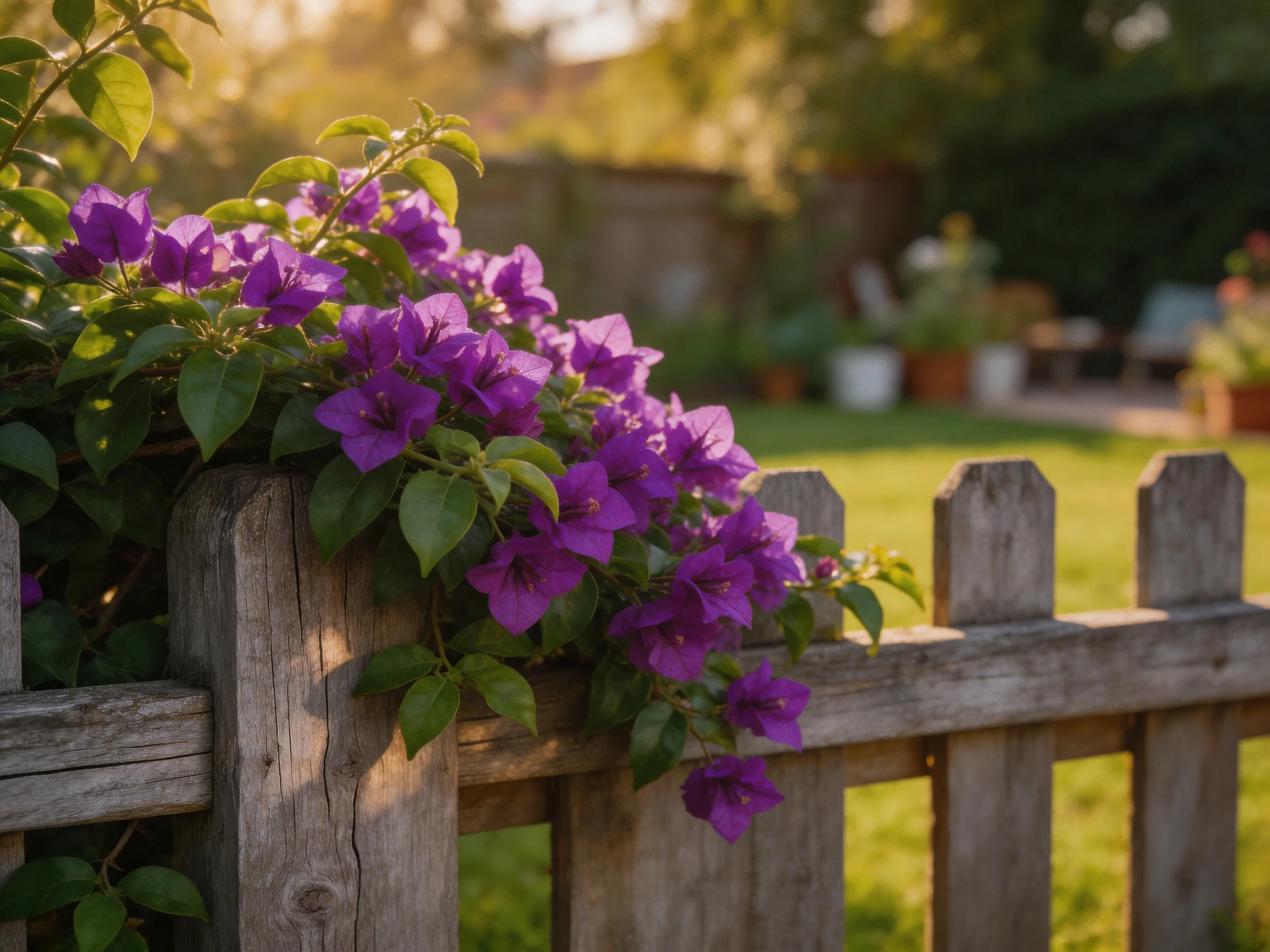 Vibrant purple bougainvillea blooms over an aged wooden fence