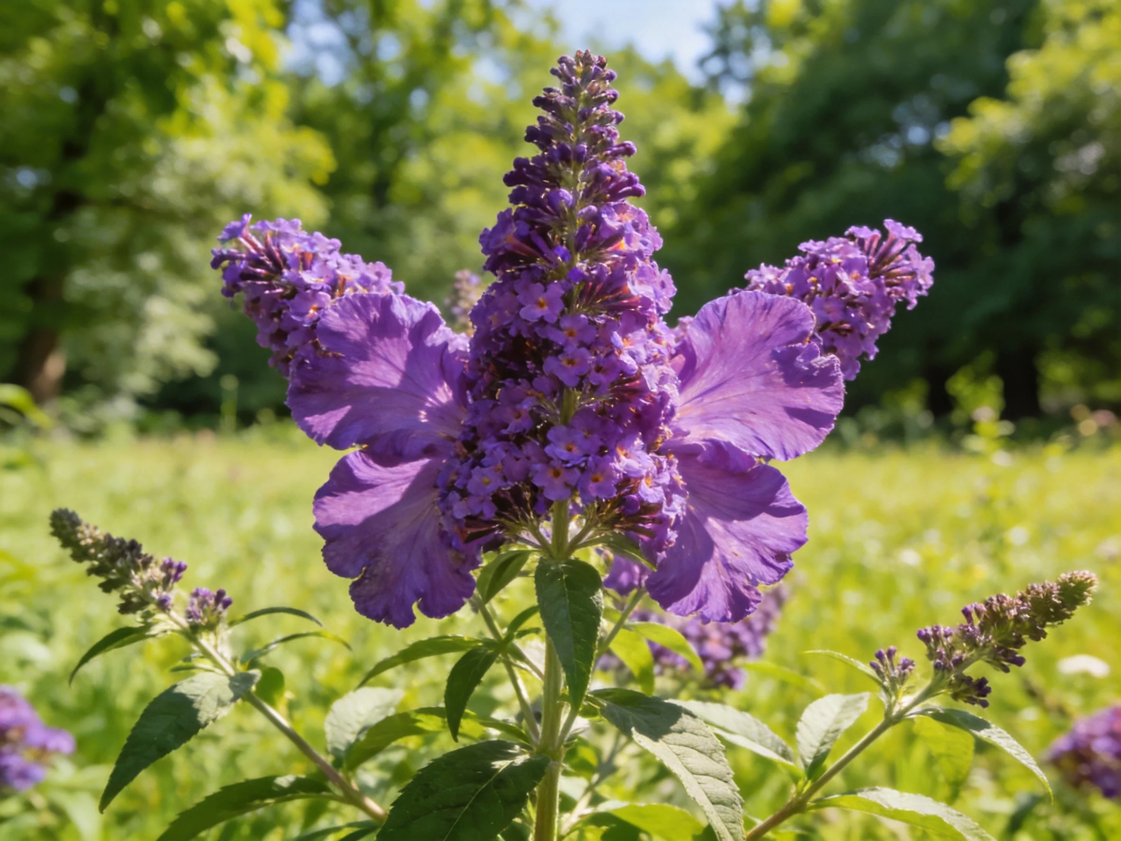 Vibrant purple butterfly bush blooms in a sunlit meadow