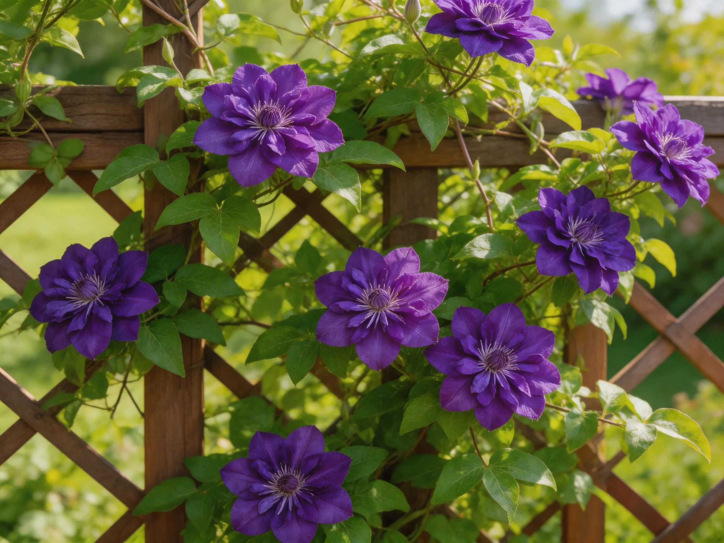 Vibrant purple clematis bloom densely on a wooden lattice fence