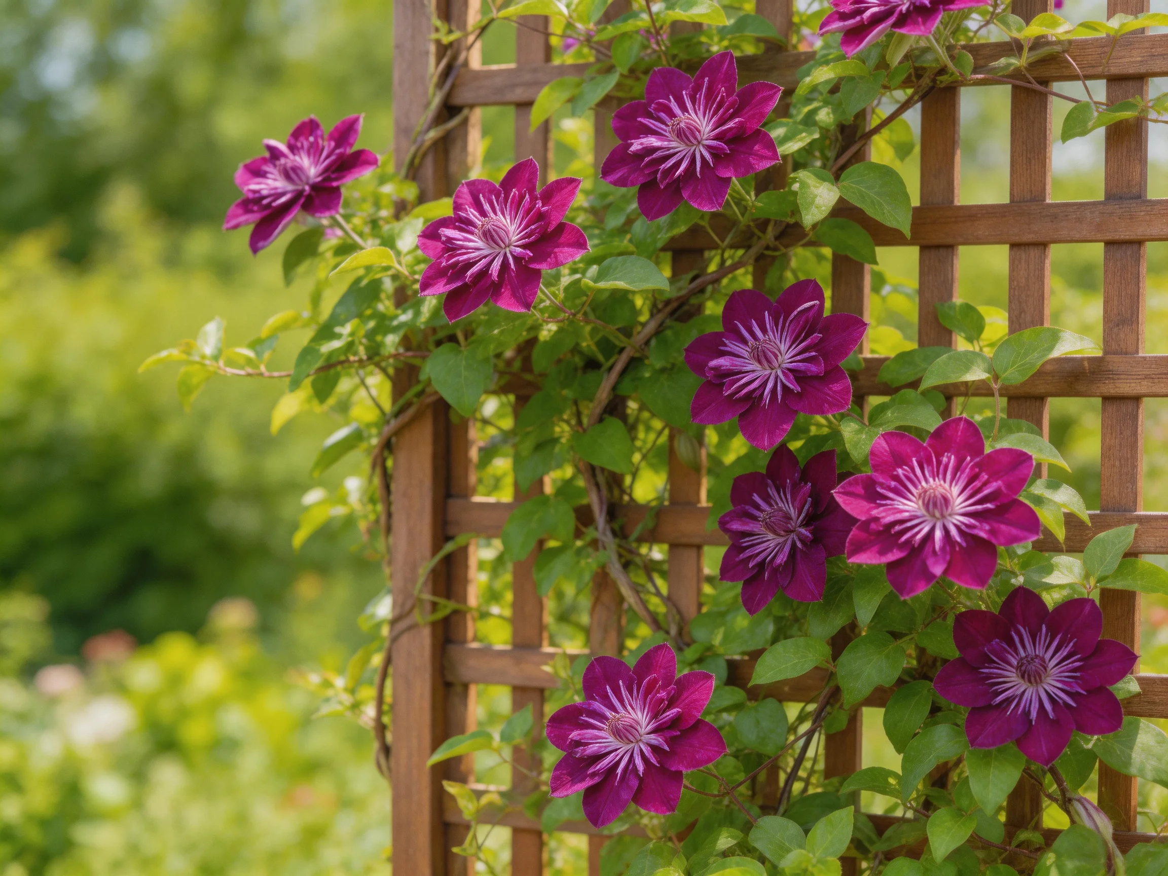 Purple clematis flowers bloom against a wooden lattice structure in a lush garden.