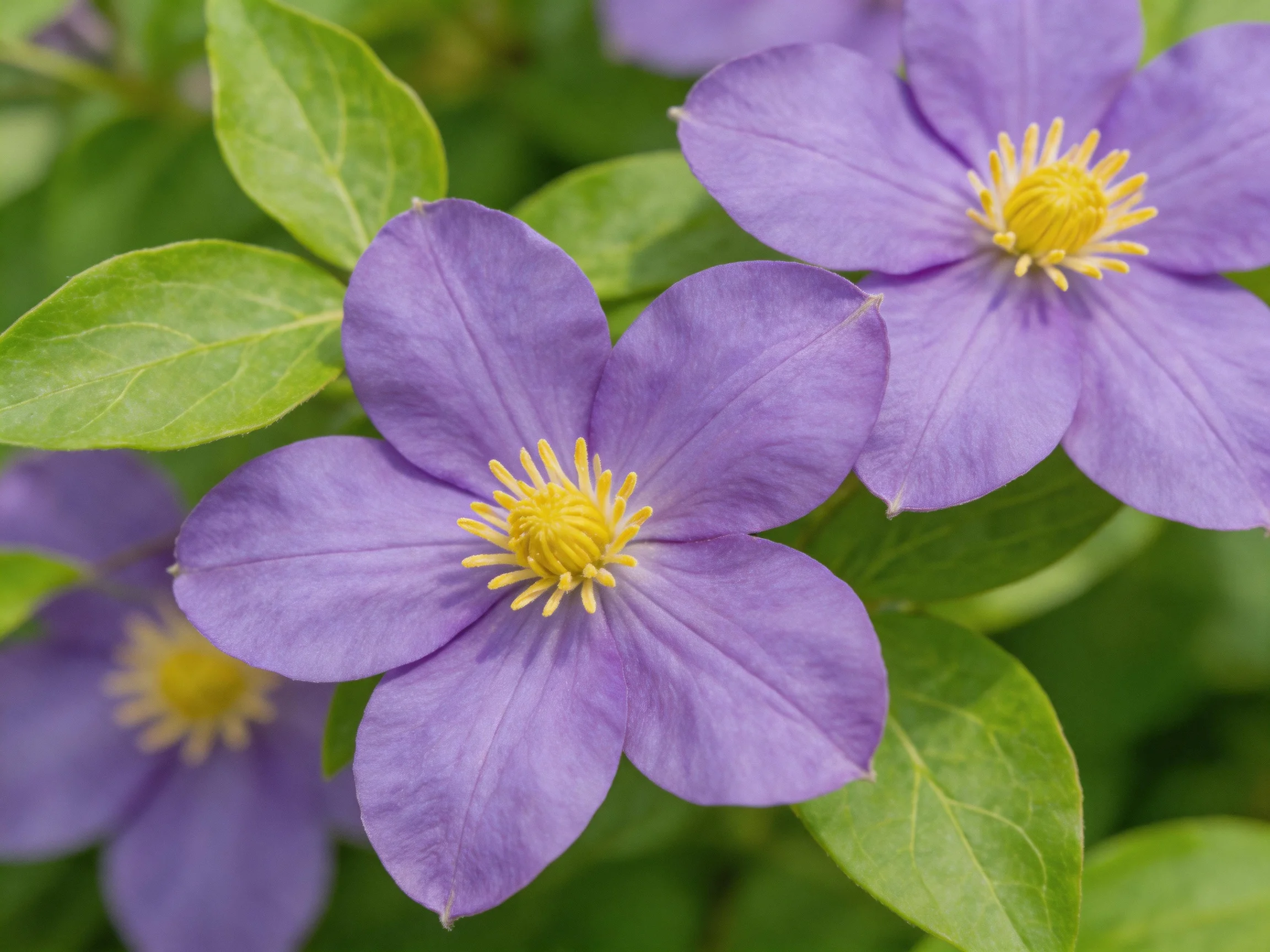 Vibrant purple clematis blooms with bright yellow centers amid lush green foliage