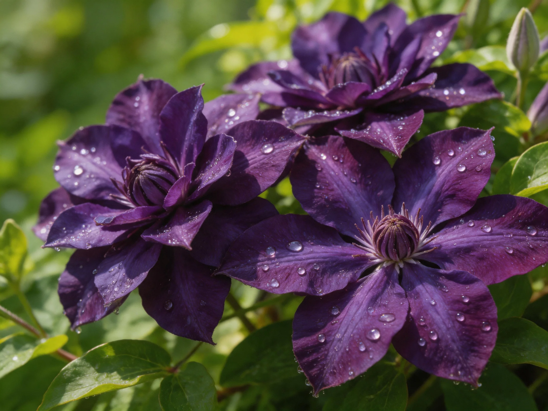 Vibrant purple clematis blooms with glistening dewdrops