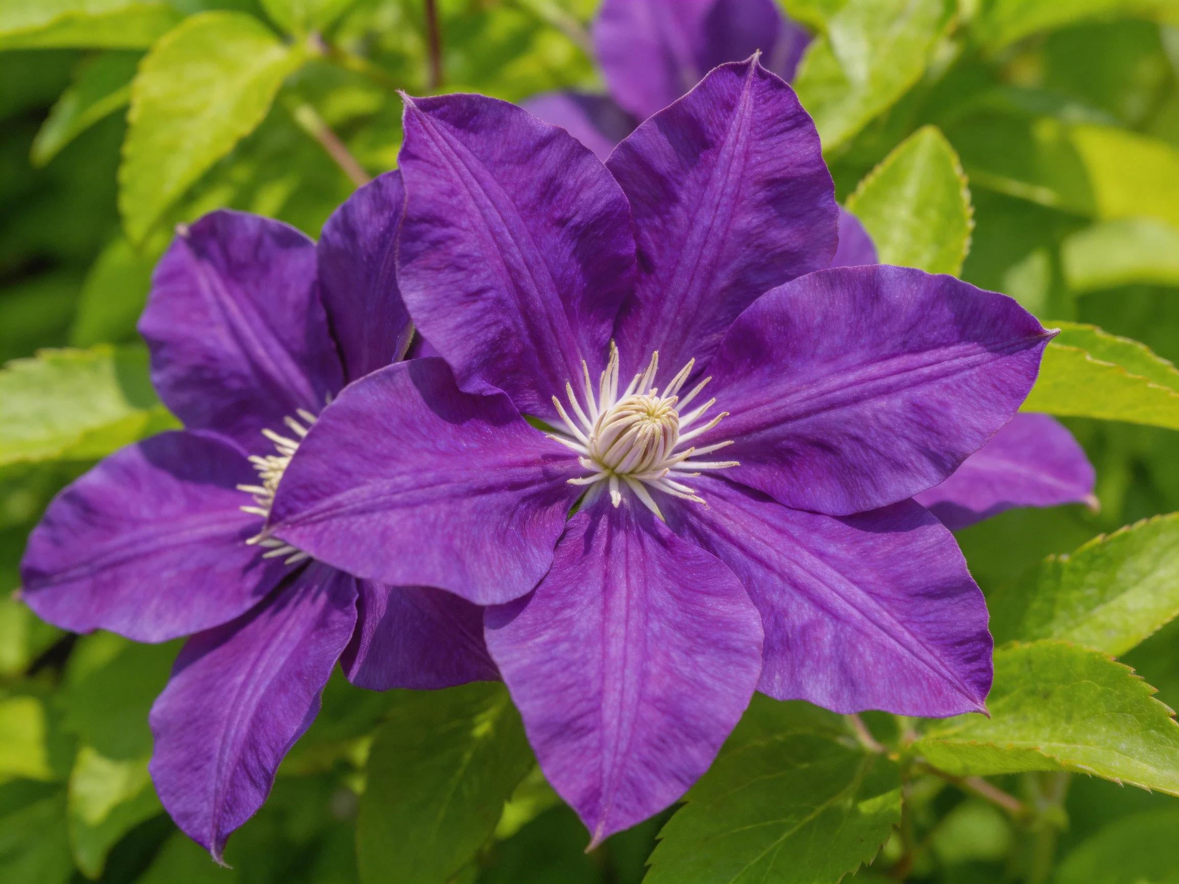 Vibrant purple clematis flowers with lush green foliage