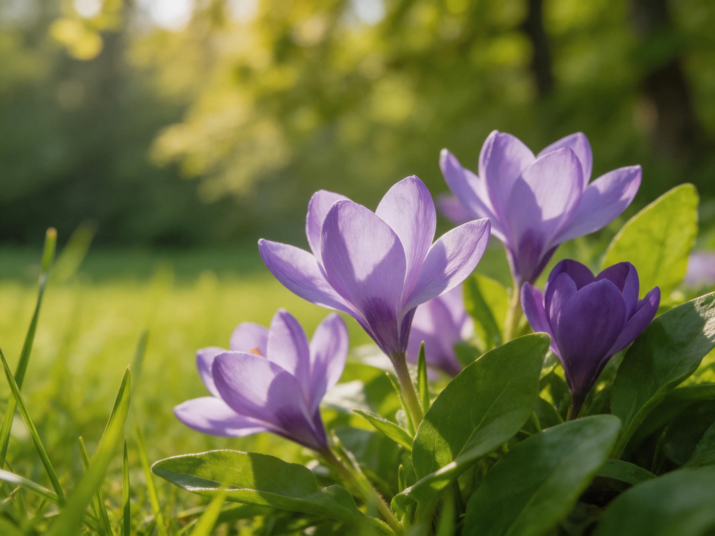 Vibrant purple crocus blooms amid lush green foliage in a sunlit meadow